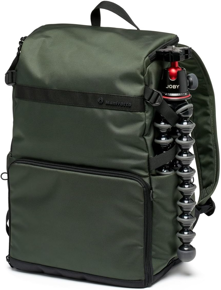 Strana view of the Manfrotto Street Slim Photography Backpack with a small tripod secured in the side pocket and webbing.