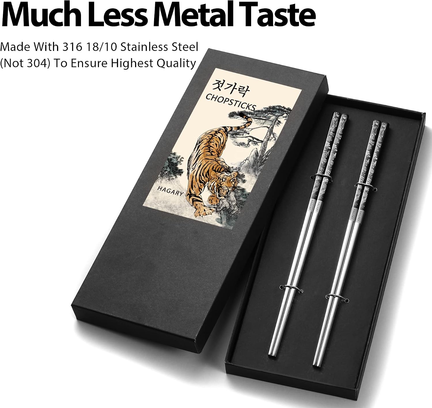Hagary Tiger Chopsticks Metal Chopsticks Reusable (Black - 2 Pairs) image 3