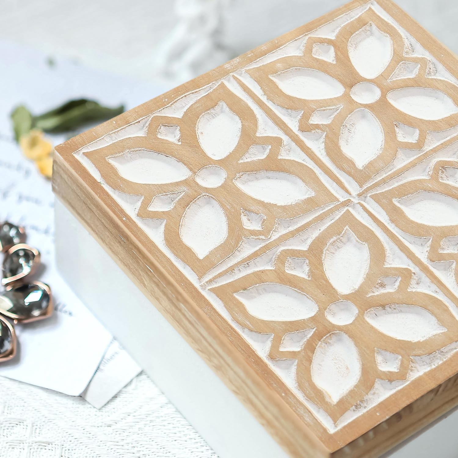 Small Wooden Keepsake Box - Decorative Handmade Rustic Trinket Boxes with Hinged Lid, Flower Carved Design, 7.1" x 7.1" x 3.2" - Image 3