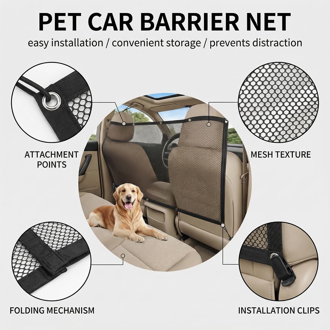 1 PCS Rete Auto per Cani con Corda Regolabile, Rete Divisoria Auto per Cani e Conducente, Barriera Auto per Cani e Animali Domestici (Nero)