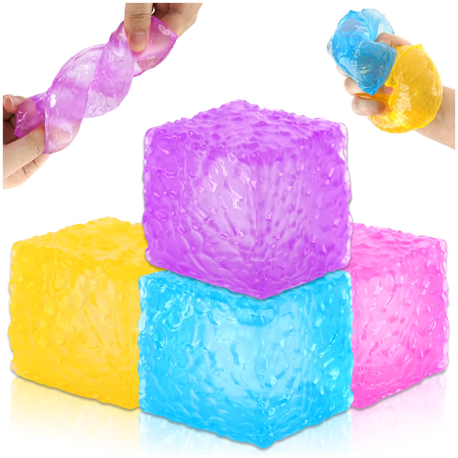 4PCS Ice Cube Squishy, Square Squishy Cube Honeycomb , Fidget Toys for Kids Adults, Jelly Squish Portable Fidget Cubes , Stress Ball Sensory Stress Relief Toys for Autism