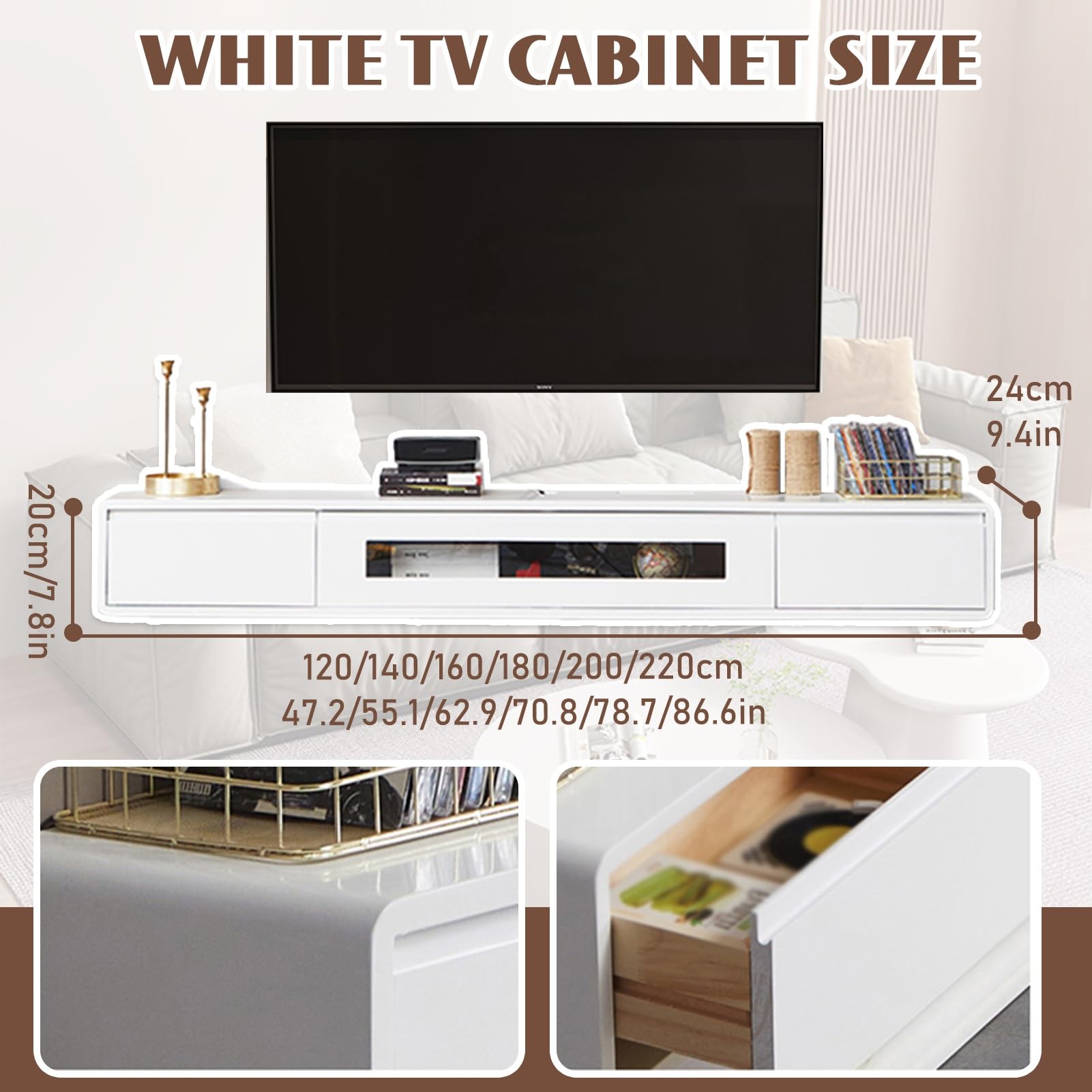 Moderner TV-Schrank zur Wandmontage, mit Schubladen und Glastür, schwimmende TV-Einheit für Wohnzimmer, Schlafzimmer, Media-Raum, Unterhaltung, Medienkonsole, Center (Weiß, 140 cm)
