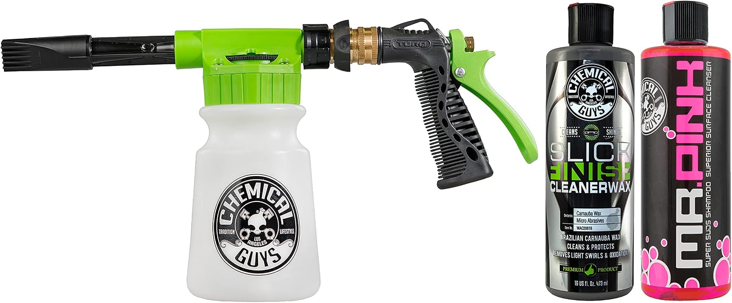 Chemical Guys Foam Gun Car Wash & Wax Bundle with TORQ Foam Blaster, Mr. Pink Car Wash Soap and Slick Finish Car Wax (3 Items, 32 Fl oz)