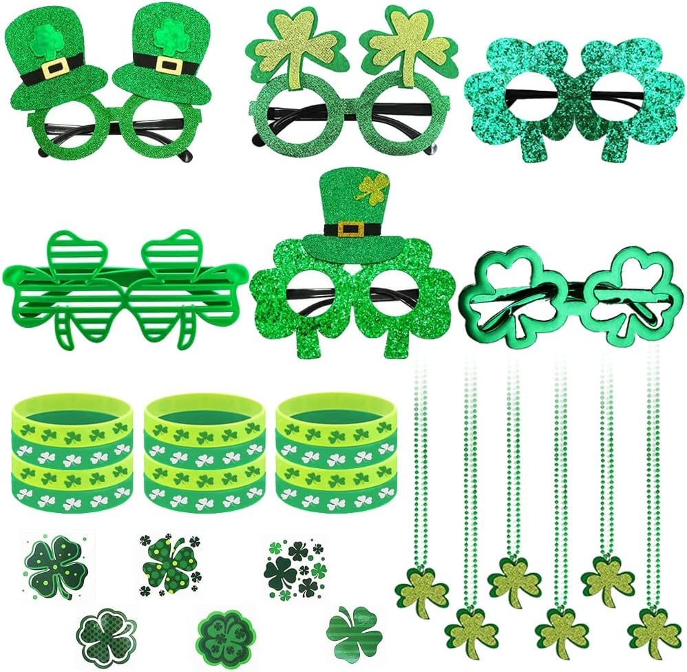 St. Patrick's Day Accessories Set, 96 PCS Includes 6 Green Shamrock Glasses, 6 Green Shamrock Necklaces, 12 Green Silicone Wristbands, 72 Shamrock Patterned Tattoos Stickers for Irish Party Favor