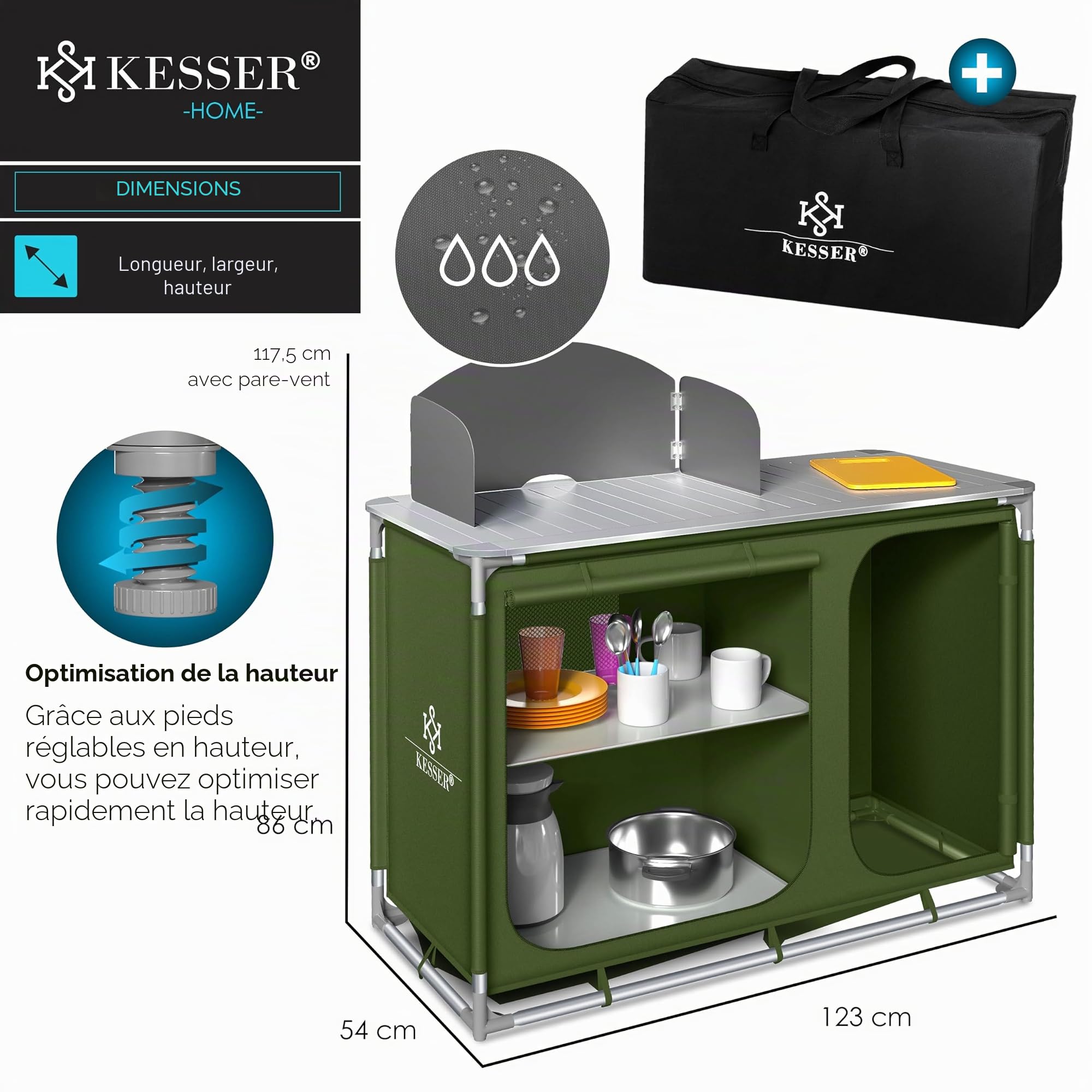 KESSER® Cuisine de camping | Avec sac de transport et set de tasses | Armoire de camping pliable | avec cadre en aluminium | Cuisine de voyage | Boîte de cuisine | Armoire de tente | Cuisine de