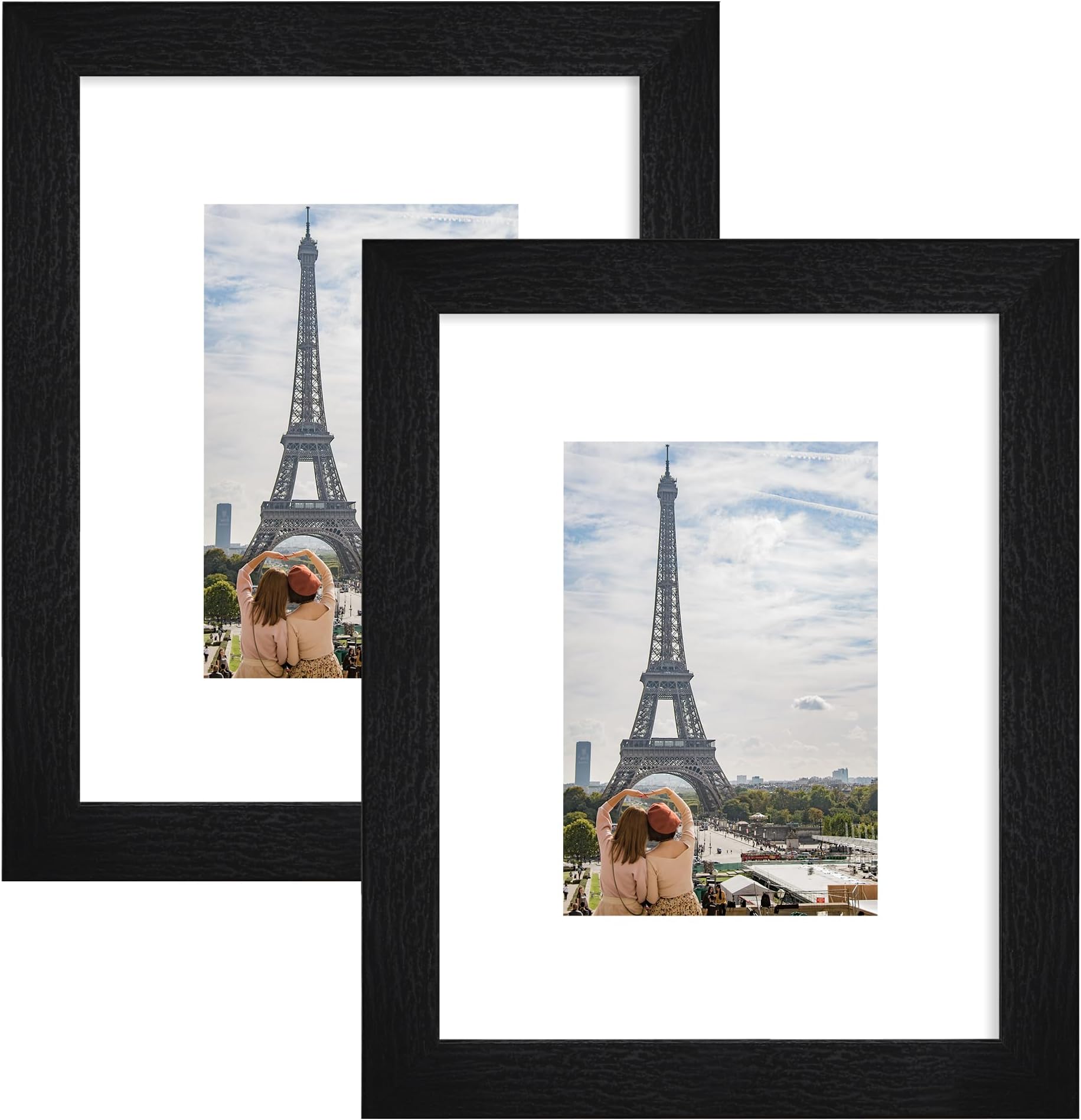 Hongkee 8x10 Picture Frame Set of 2, Made of Real Glass and Rustic Black Wooden Frame - Display Picture 5x7 with Mat or 8x10 Without Mat, 8 by 10 Photo for Wall or Tabletop