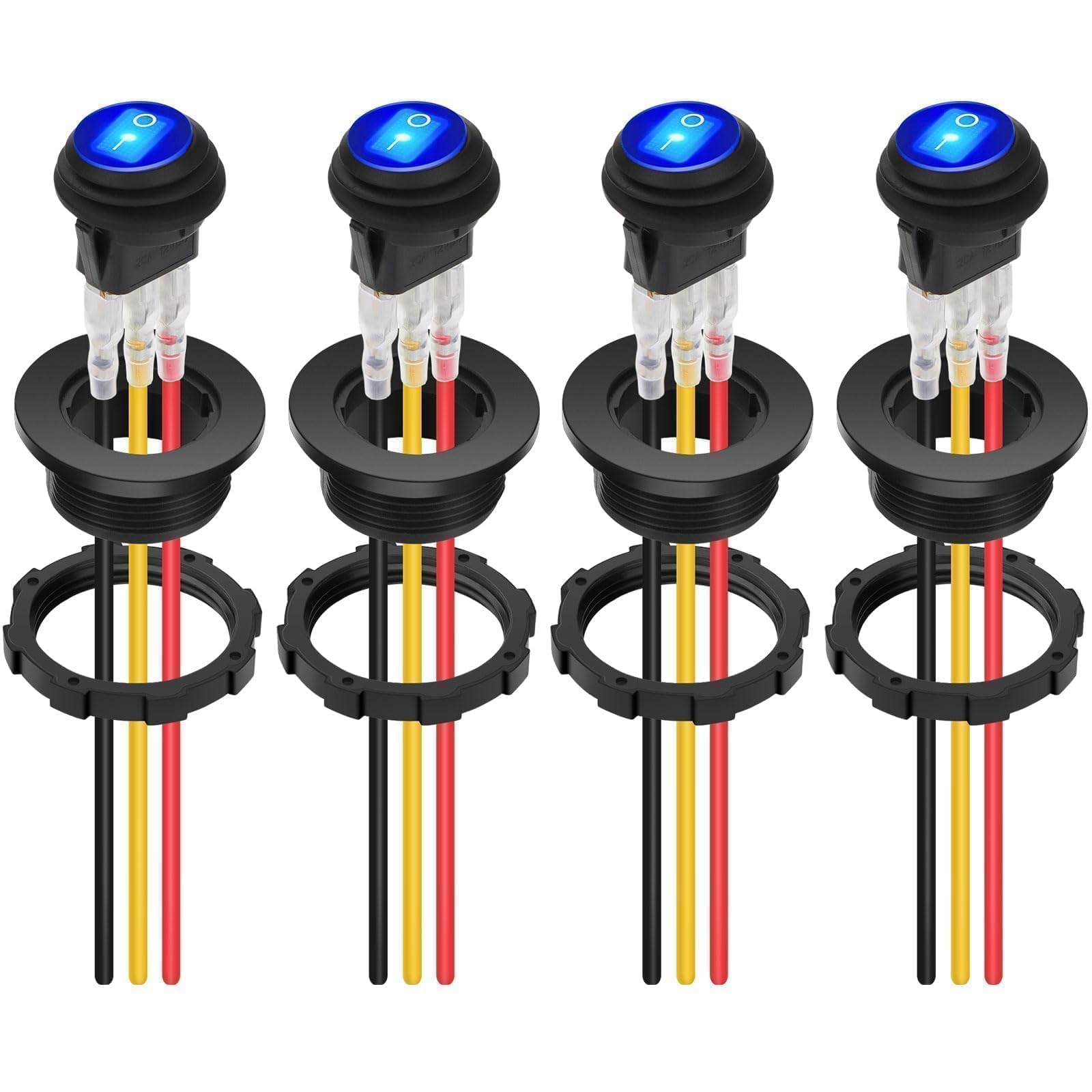 Linkstyle 4x Interruptor Basculante LED 12V 20A, Interruptor Redondo Impermeable de 3 Pines con Cable, Luz Azul, para DIY Barco Auto y Aplicaciones Marinas