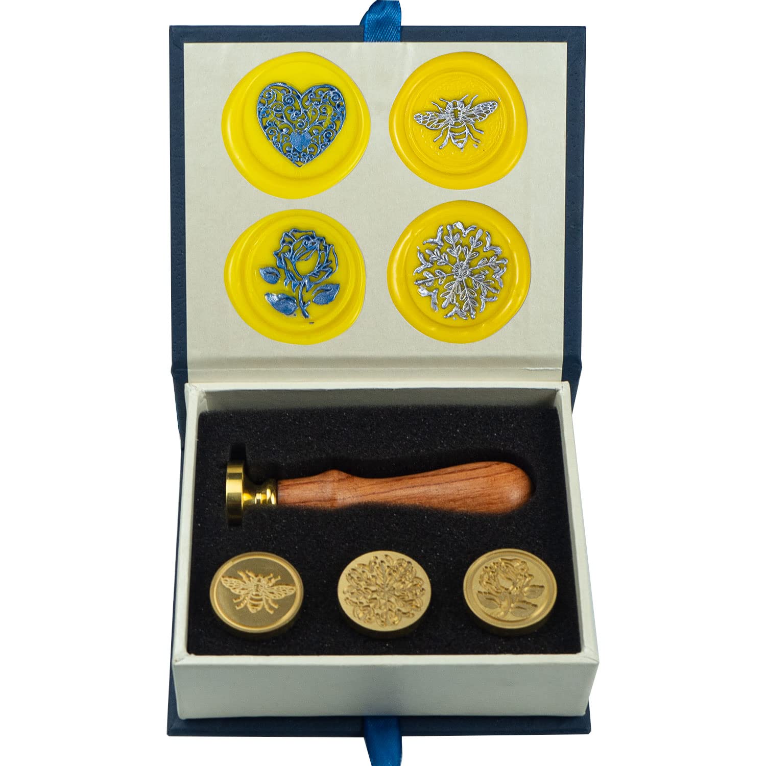Wax Seal Stamp kit, ANBOSE Flower Wax Seal Stamp Set with 4 PCS Removable Brass Heads and 1 Wooden Handle, Retro Heart Rose Bee Flourishing Leaves Sealing Wax Stamp for Cards Invitations — image 1
