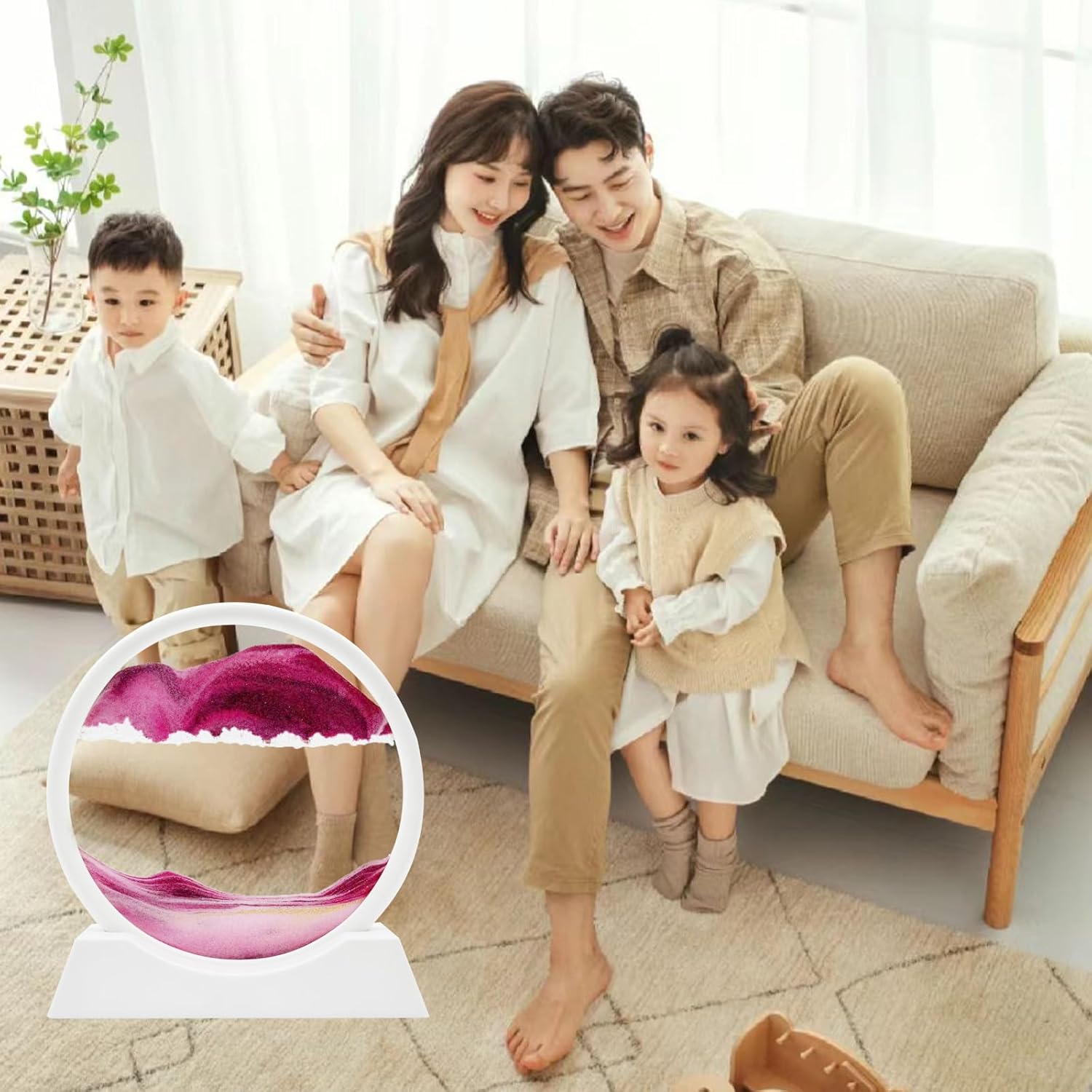 AzureLeap 3D Dynamic Sand Art Liquid Motion, Moving Sand Art Picture Round Glass 3D Deep Sea Sandscape in Motion Display Flowing Sand Frame Relaxing Desktop Home Office Work Decor (7 inch-Pink)