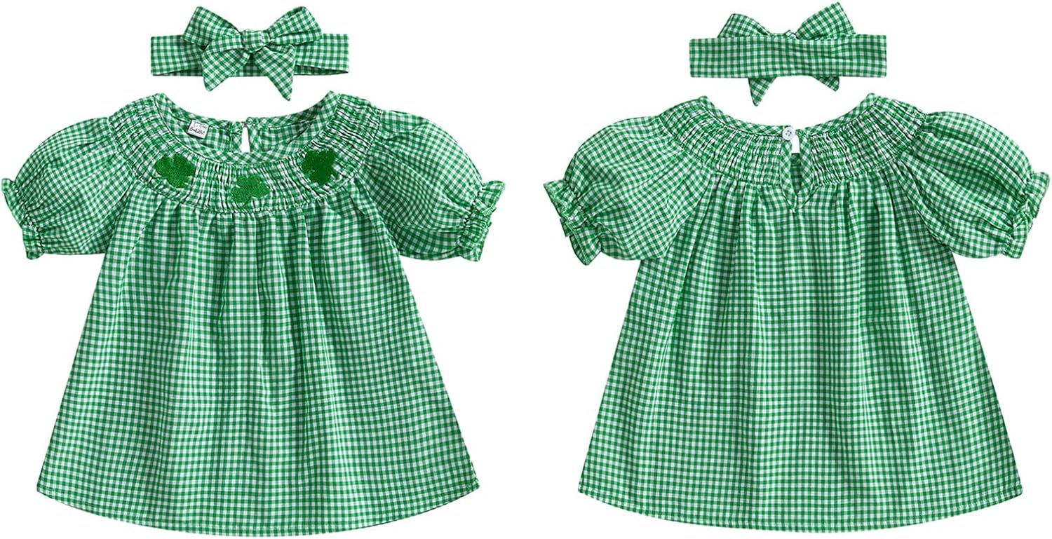 Baby Girl St Patrick’s Day Dress Puff Short Sleeve Smocked Clover Embroidery Plaid Dress Infant Toddler Girl Irish Dresses - Image 8