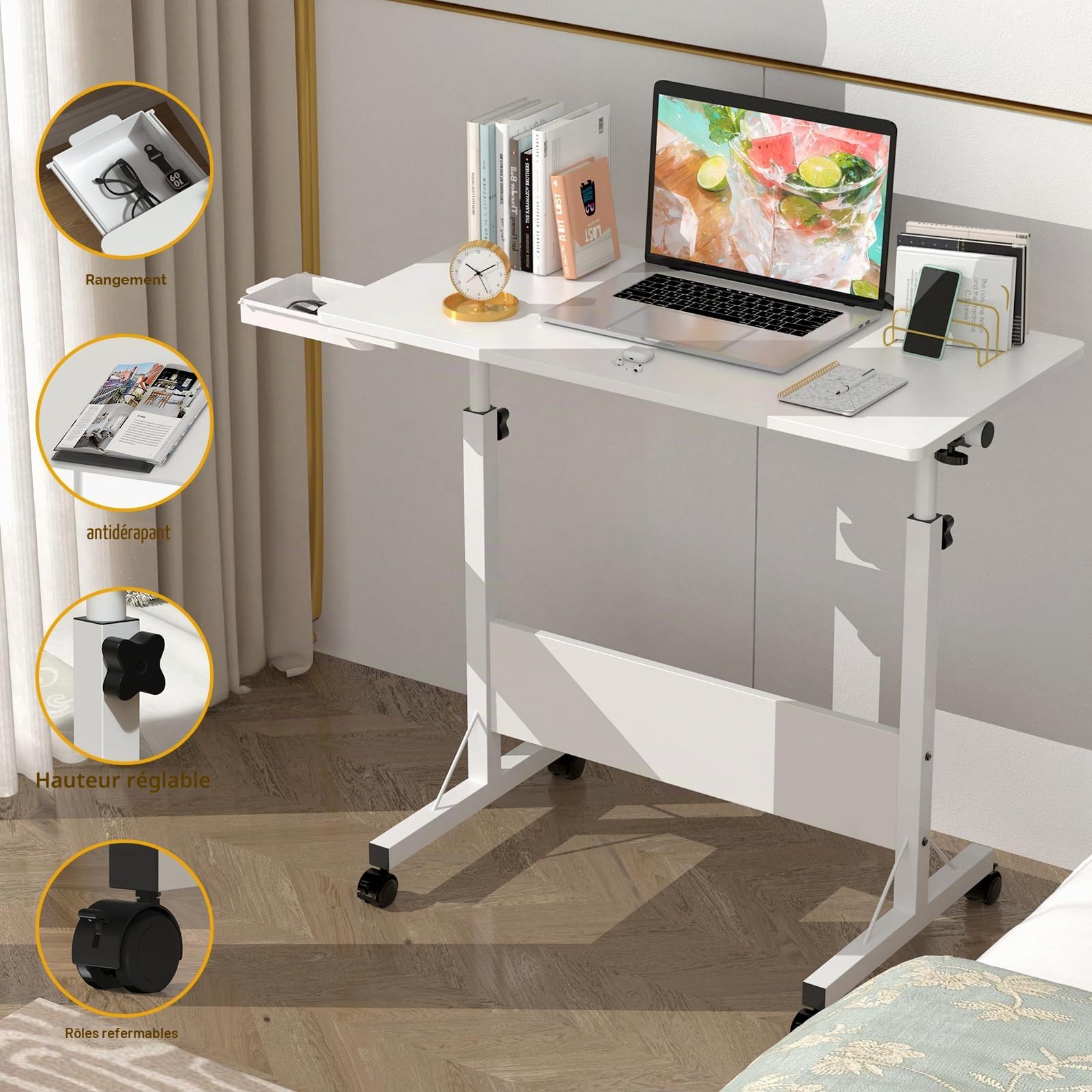 Table de Bureau Pliante Réglable en Hauteur 80x40x65-88 cm, Table de Lit pour Ordinateur Portable avec Roulette, Informatique Pliable pour Domicile, Blanc