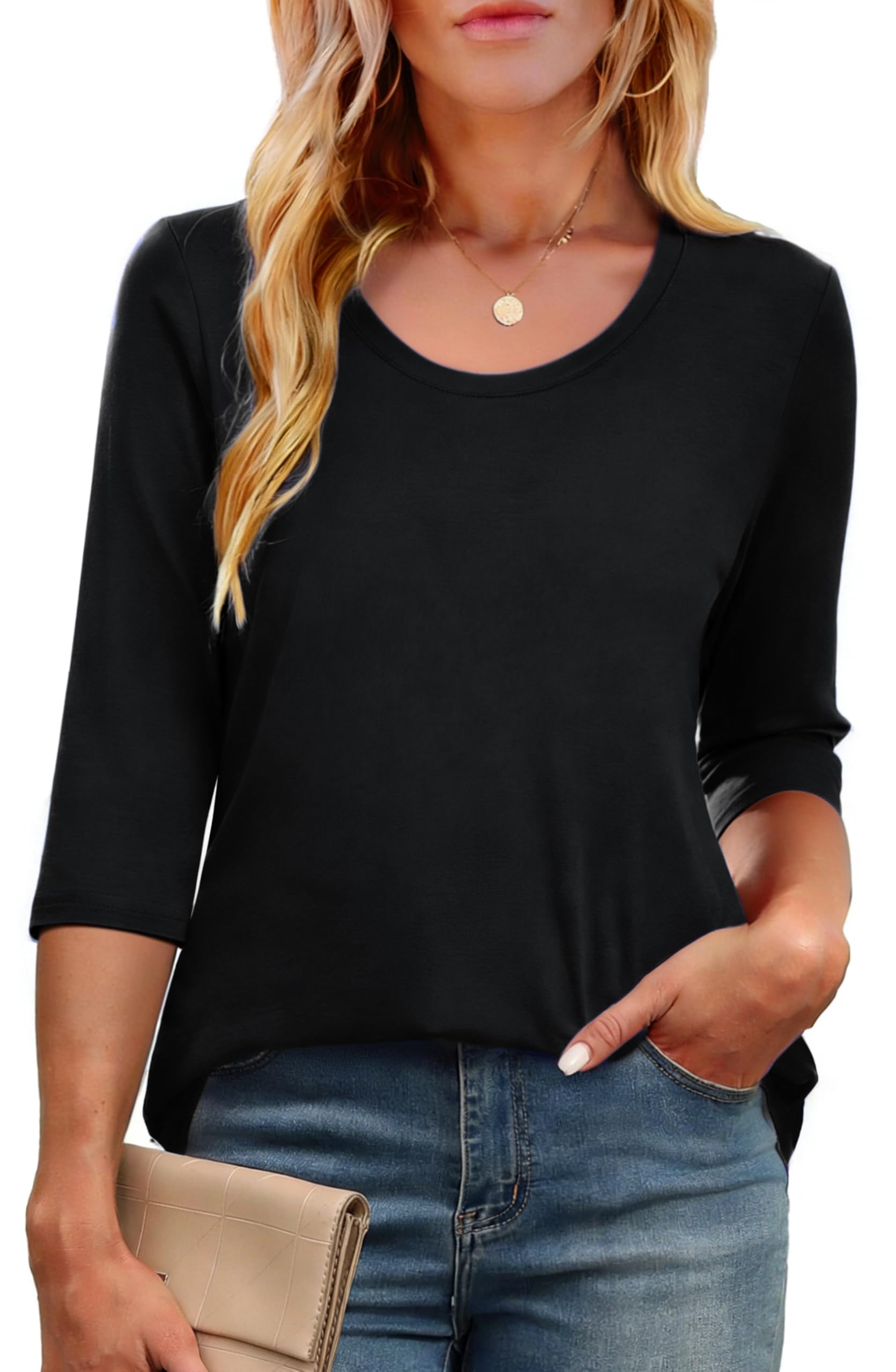 Crewhpo T Shirt Damen mit 3/4-Ärmeln Baumwolle Tunika Sommer Kurzarm Basic Tshirt Einfarbige Casual Top mit Rundhalsausschnitt Stretch Bluse Lockeres Elegant