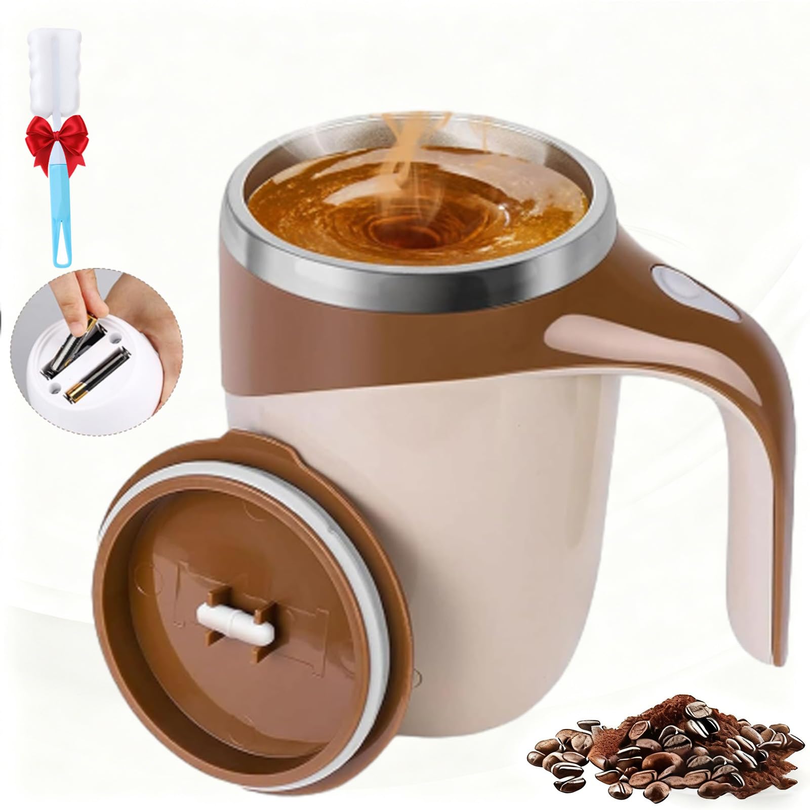 Automatic Magnetic Stirring Coffee Mug, Reusable Electric Stainless Steel Self, Electric Self Stirring Coffee Mug with Lid, Magnetic Stirring Cup Rotating Travel Mixing Cups (Brown-Battery)