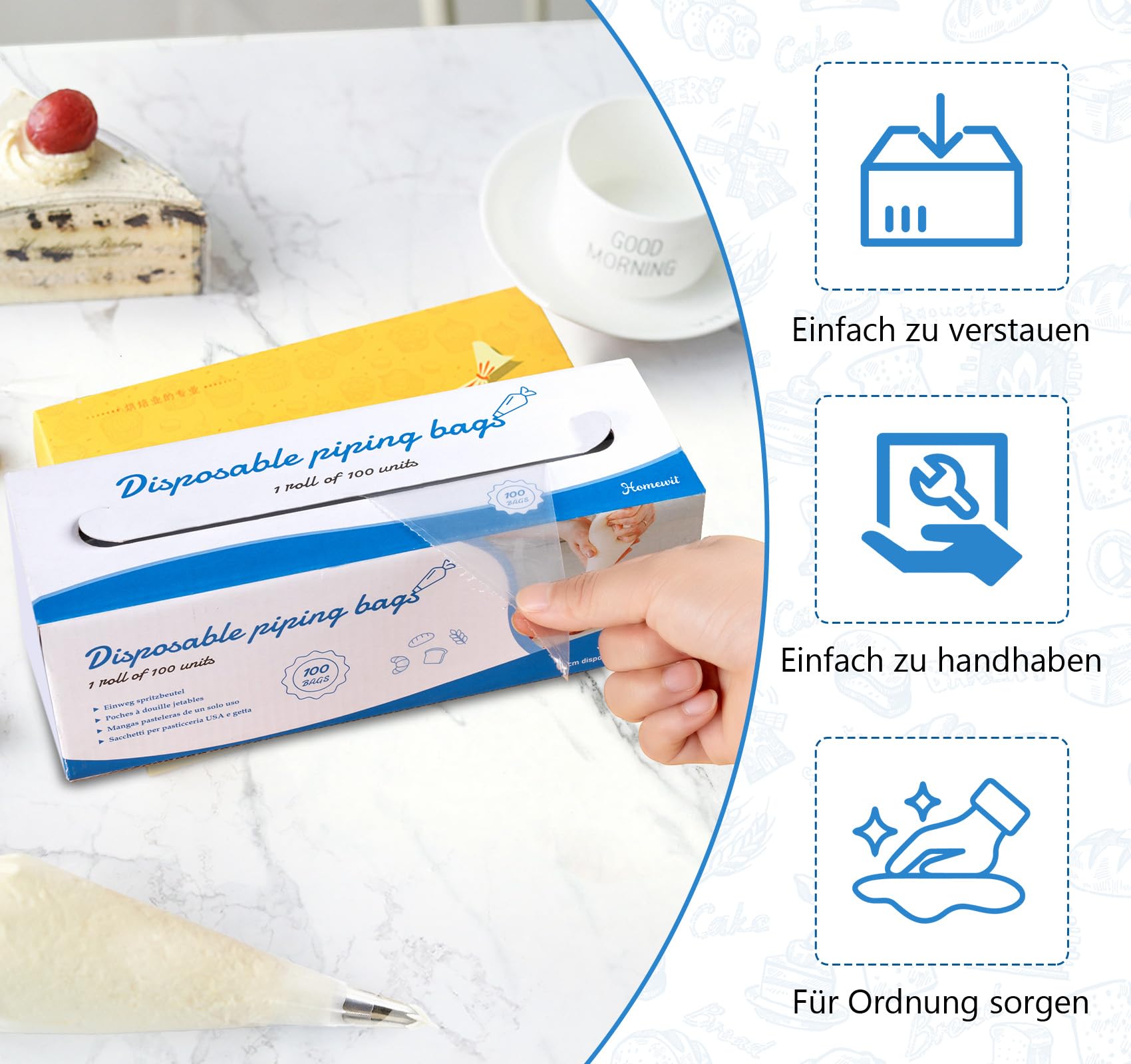 Spritzbeutel 40 x 30 cm, 100 Stück Spritzbeutel Profi Einweg mit 5 Edelstahl Spritztüllen Aufbewahrungsbox, Spritzbeutel mit Tüllen & Spritzsack für Konditoren Für Torten, Kuchen, Cupcakes, Kekse