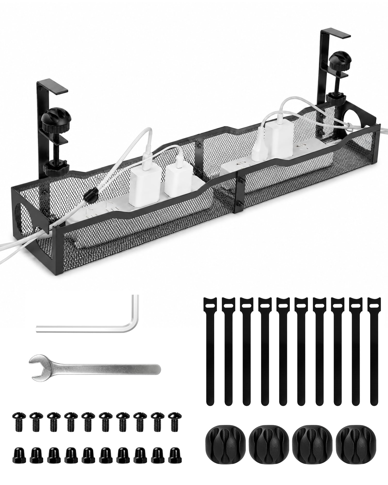 Under Desk Cable Management Tray, 25'' Extra Long No Drill, Black