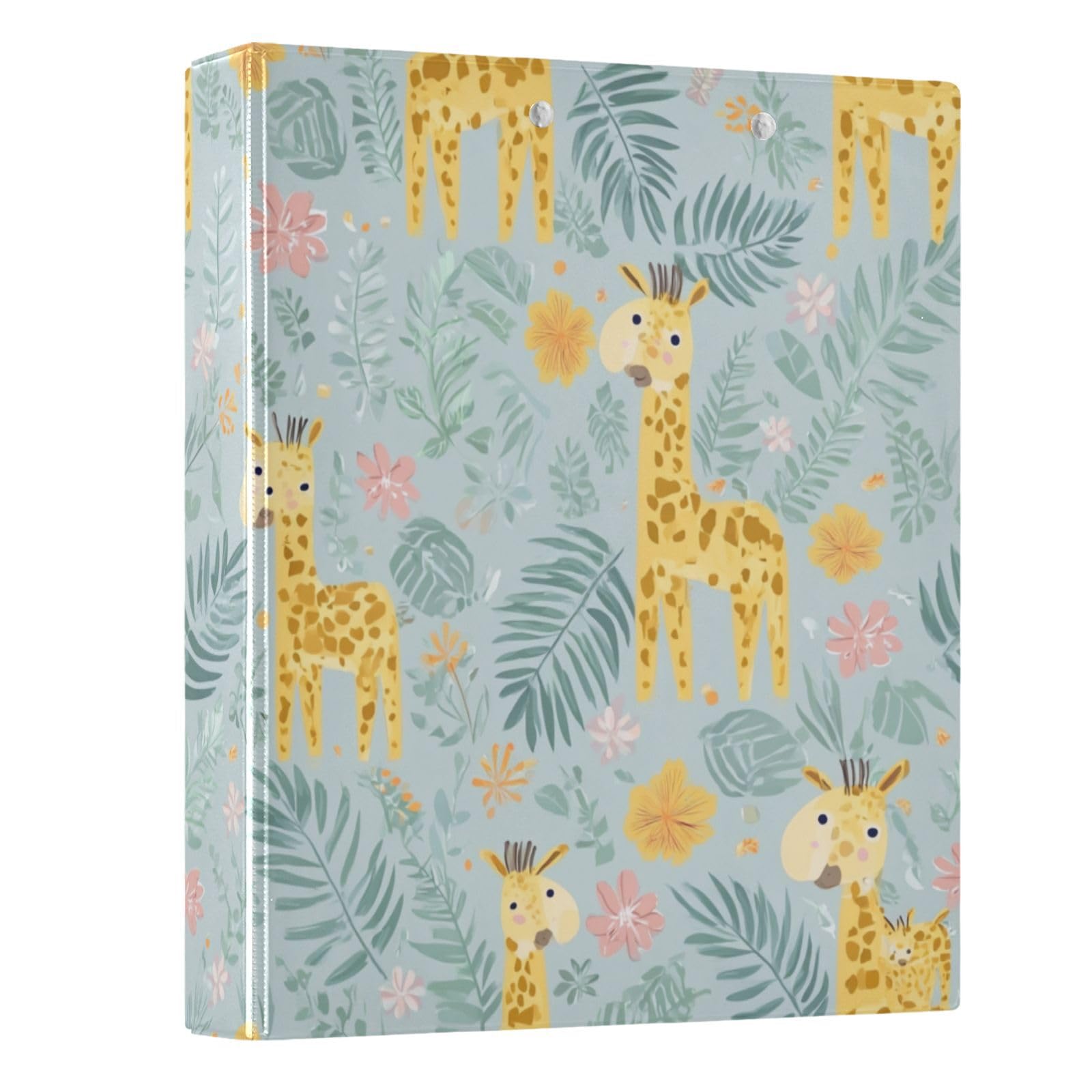 Kcldeci Raccoglitore a 3 anelli con copertina rigida, motivo giraffe, foglie della giungla, anelli rotondi da 3,8 cm, con tasche interne, per scuola, ufficio, ricette, raccoglitori, confezione da 2
