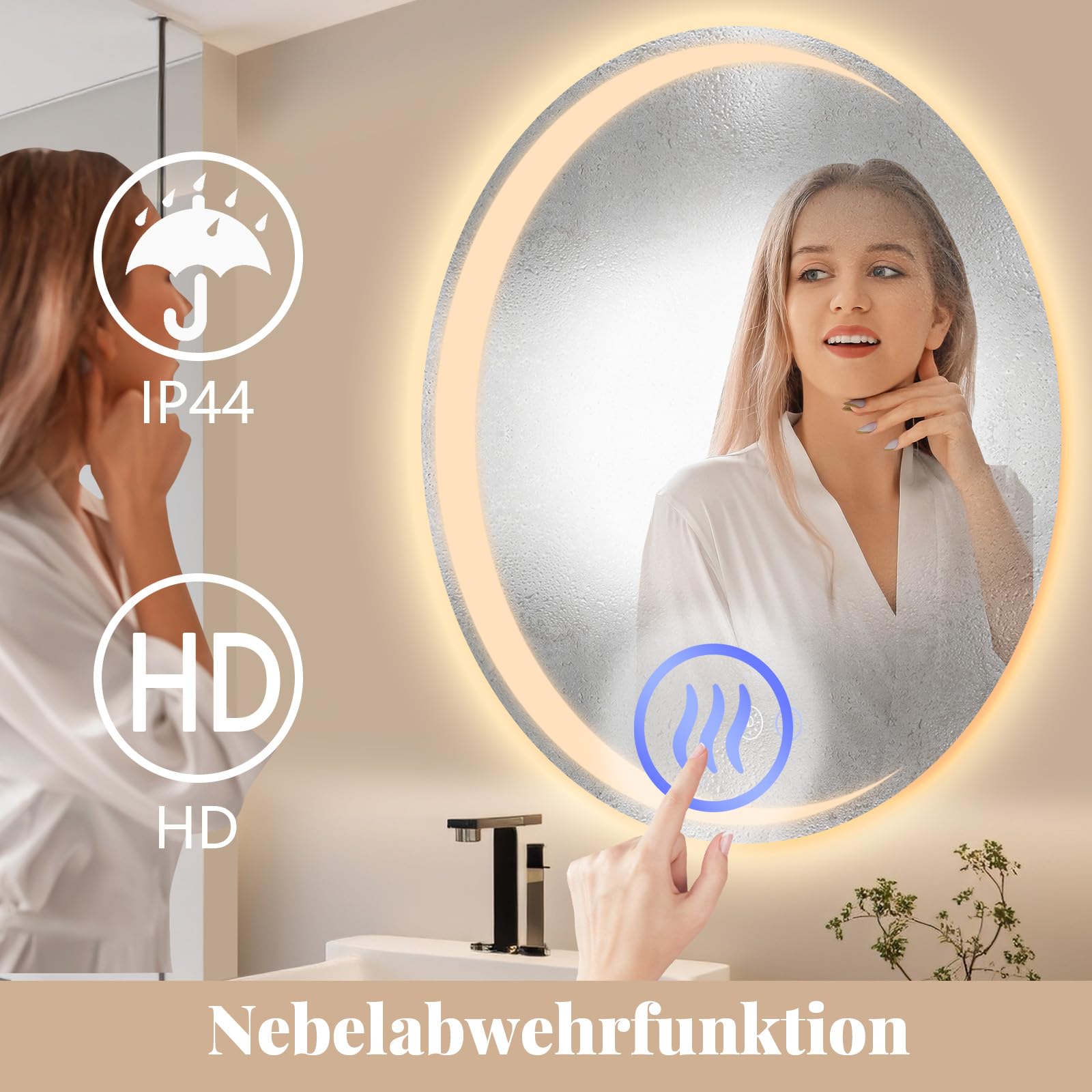 Specchio Bagno Specchio Led - Girare 50cm Specchiera Bagno con Luce 70cm Antifog Dimmerabile 3 Colori Luce Memoria HD Vetro Temperato IP44 Installazione Semplice