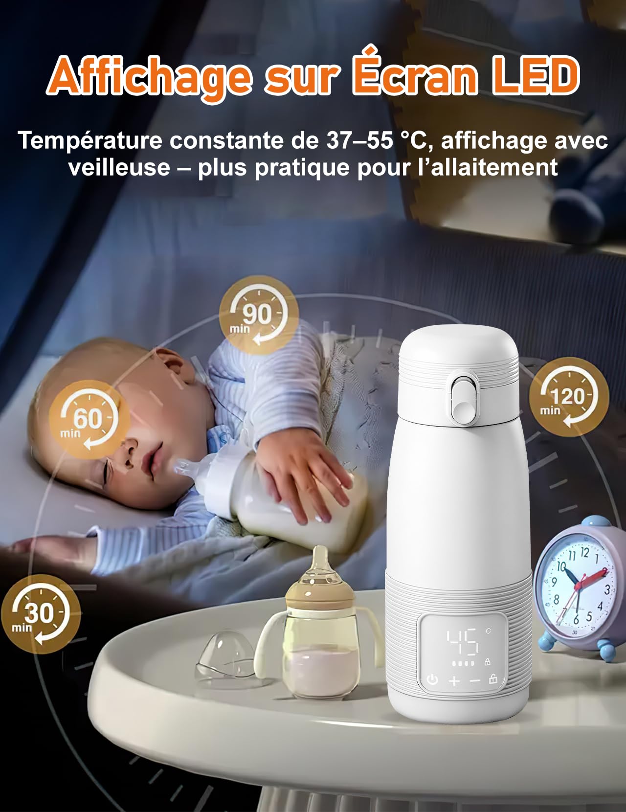 Chauffe-biberon Portable, 500ml Chauffe-biberon Bébé en Déplacement | Contrôle Précis de la Température 37 à 55 Degrés Réglable pour le Voyage Alimentation de Nuit