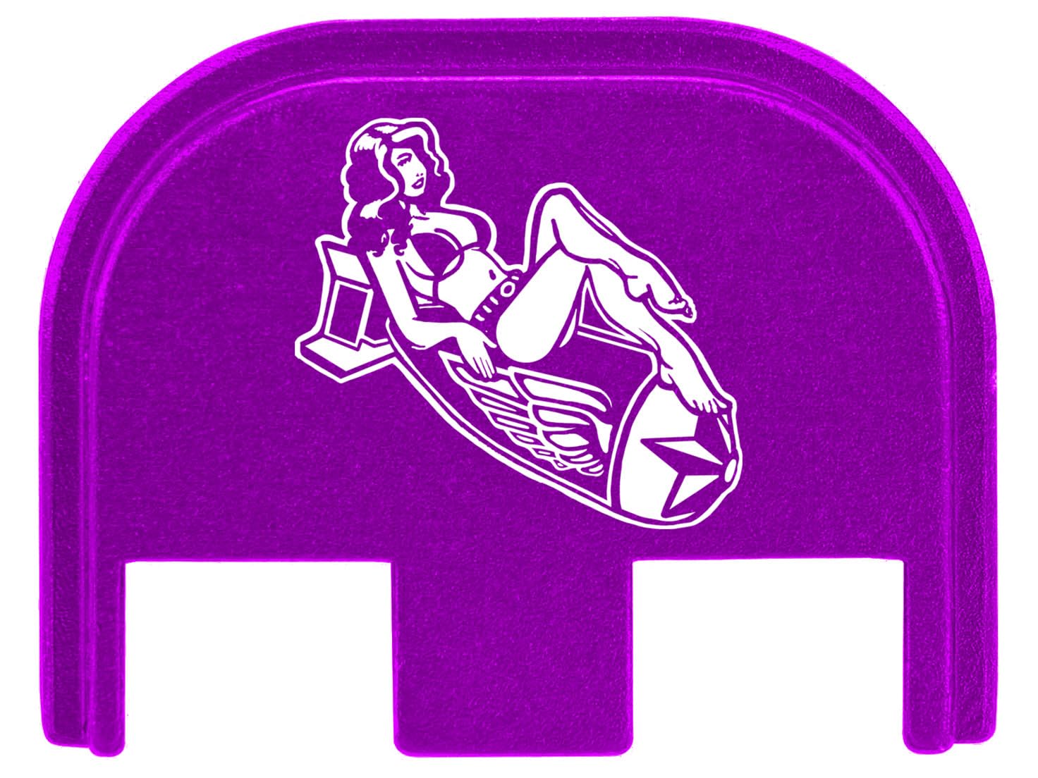 NDZ Performance Gen 5 Slide Cover Back Plate for Glock 17 19 19X 22 23 26 27 34 45 9mm .40 S&W Laser Engraved Popular Images in Purple Aluminum - Bomb Pinup Girl 1