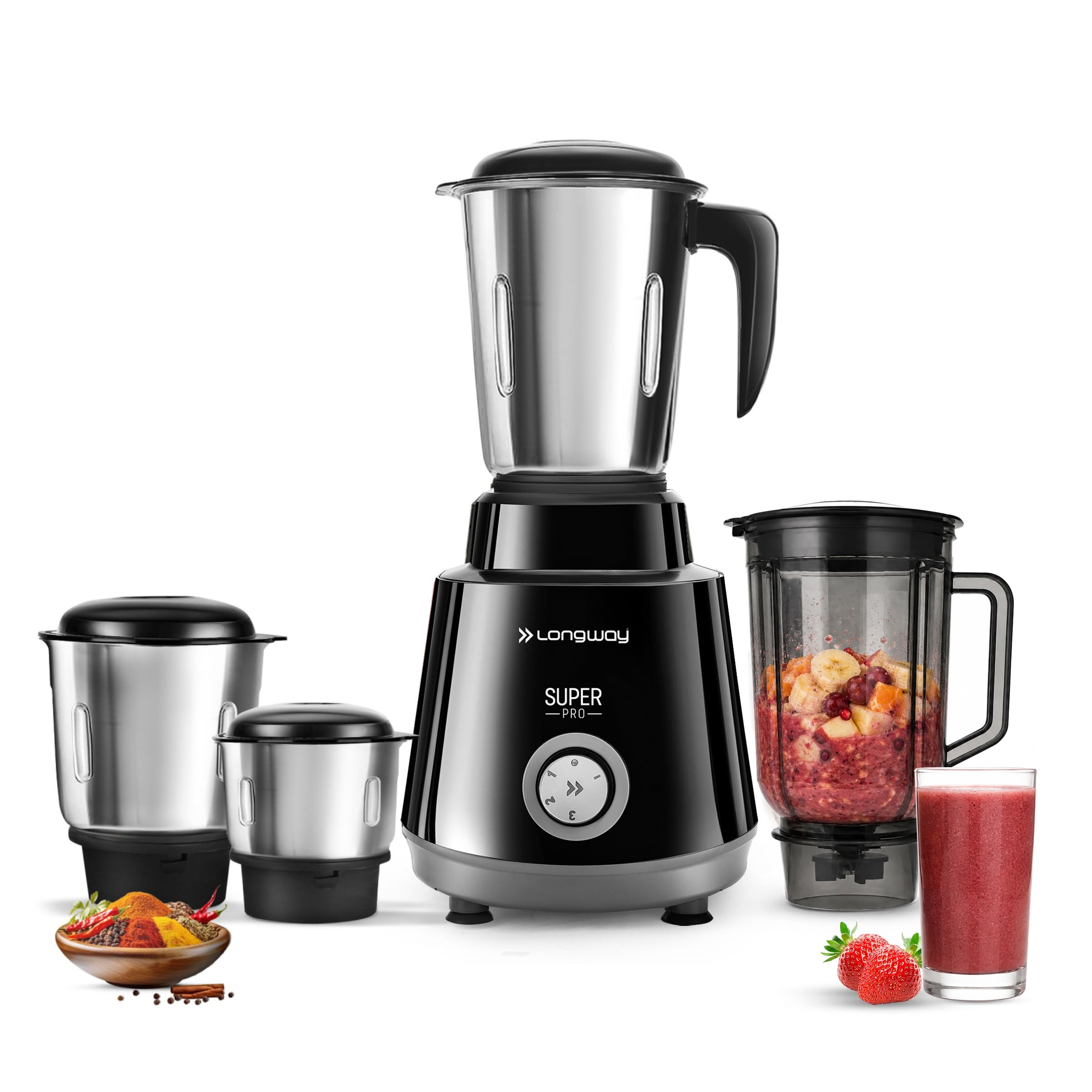 Longway Super Pro 750 Watt Juicer Mixer Grinder with 4 Jars for Grinding, Mixing, Juicing with Powerful Motor | 2 Year Warranty | (Black, 4 Jars)