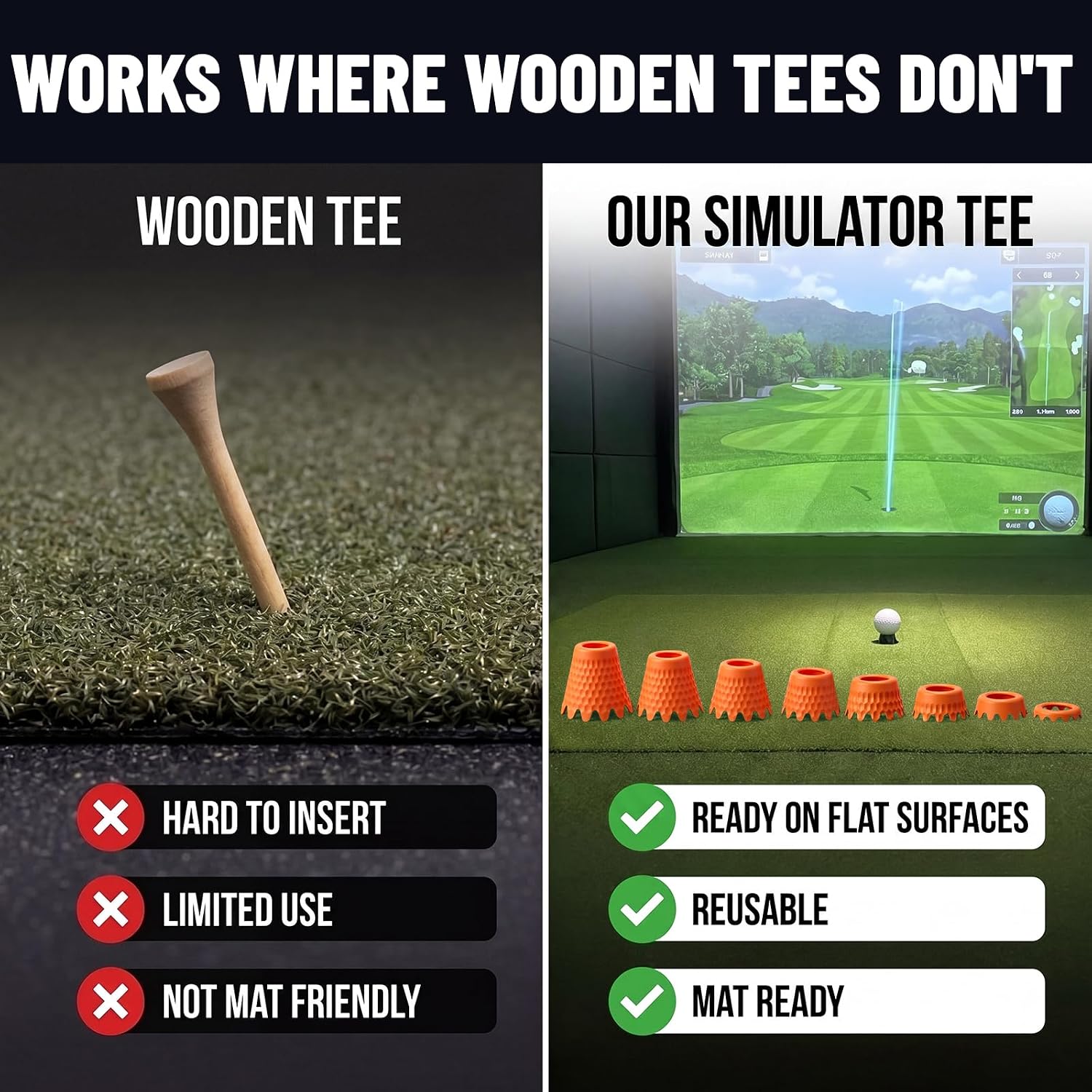 Plastic Golf Simulator Tees, 1/4 to 2 Inch | Indoor Golf Tees in 8 Heights, Plastic Golf Sim Tees for Practice Mats, Home Simulators, Driving Ranges and Winter Training