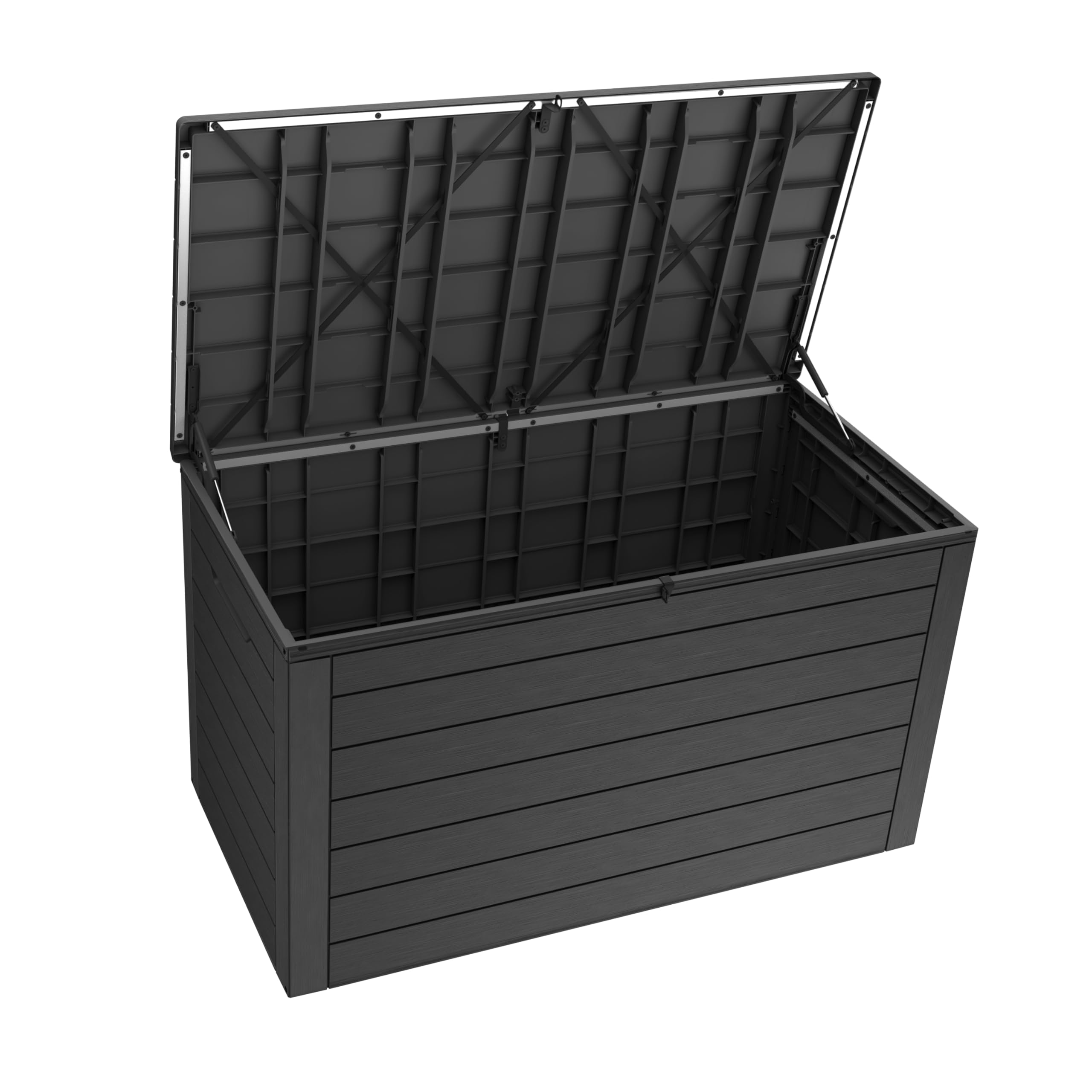 Keter Ontario Aufbewahrungsbox 570L Graphit – Wetterfeste Gartenbox in Holzoptik mit Gasdruckfedern – UV-beständige, abschließbare Kissenbox für Innen- & Außenbereich