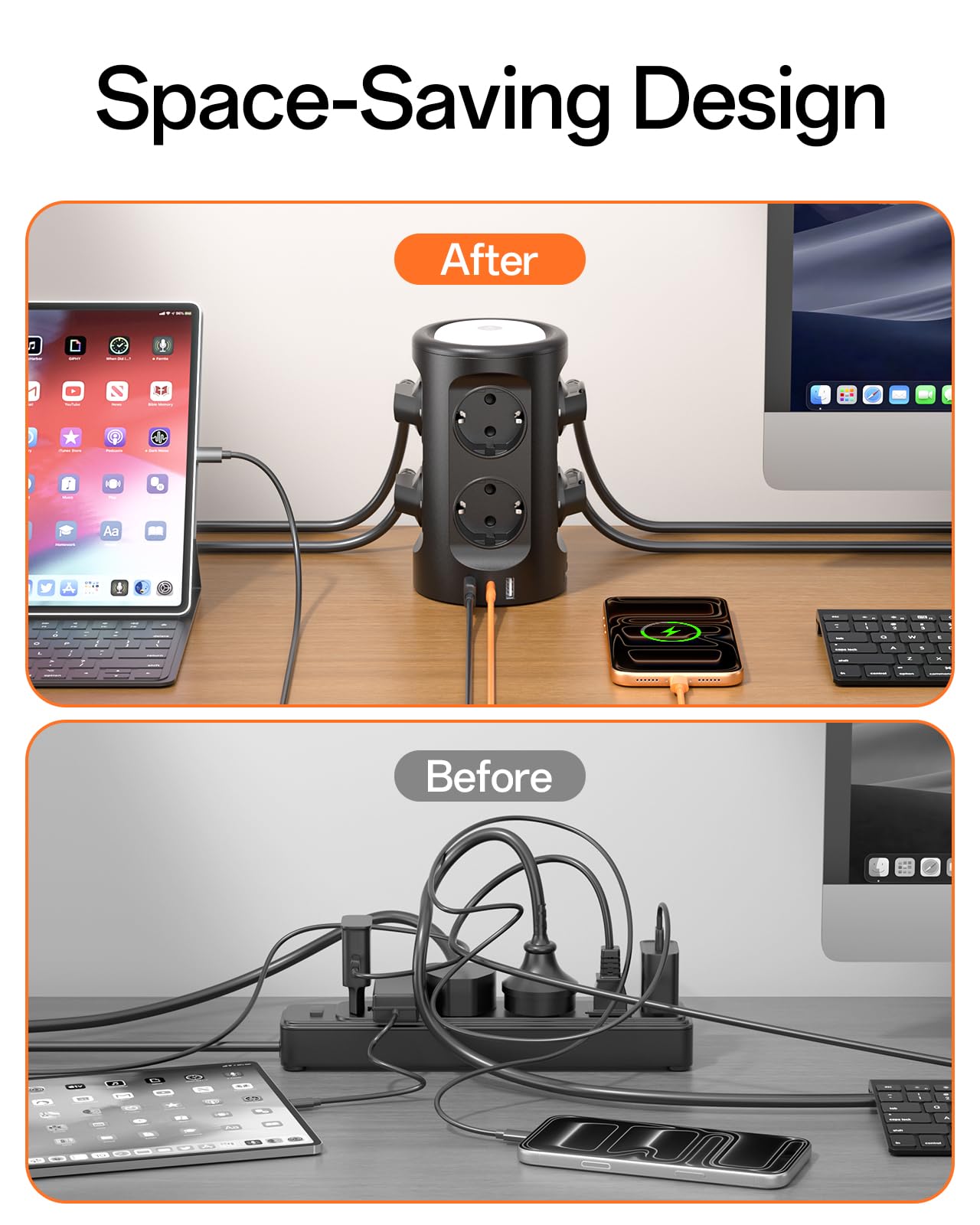 Tour multiprise USB, 8 prises CA et 3 USB, 2 m avec lumière nocturne et interrupteur, multiprise de protection contre la surtension, prise multiple pour table, bureau, maison