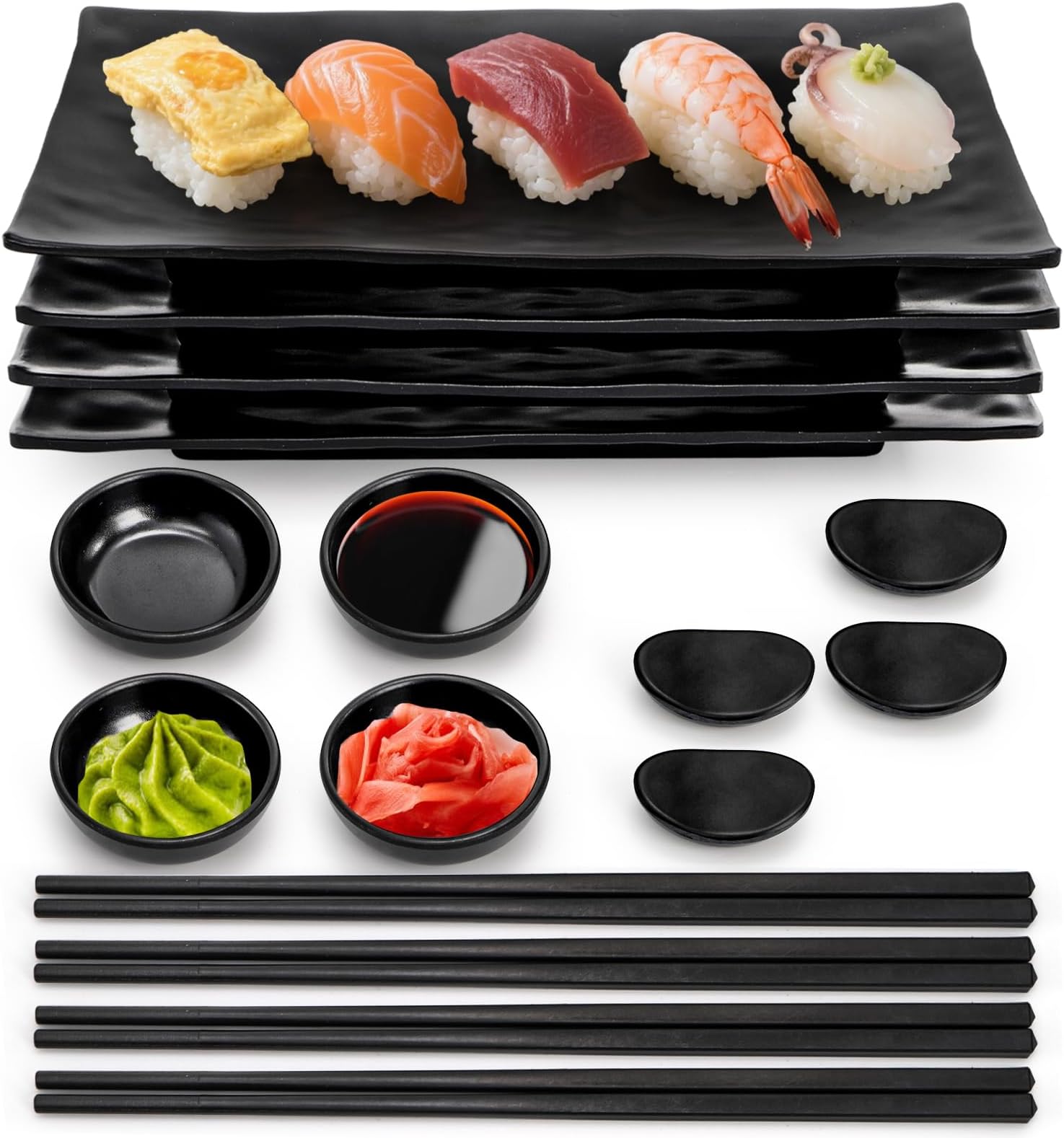 16 Pcs Sushi Plate Set, Melamine Sushi Serving Set for 4, Japanese Dinnerware Sets with 4 Sushi Trays, 4 Soy Sauce Bowls 4 Pairs of Chopsticks and Holders, Wedding Housewarming Gift, Black