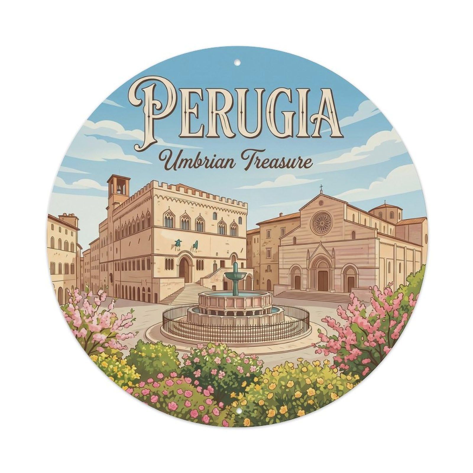Classic Perugia City Square Discovery Scenic Landmark Metal Tin Sign Plaque Wall Decor for Cafe, Man Cave, Club Bar, Office, Home Garden Round Metal Poster 8x8Inch