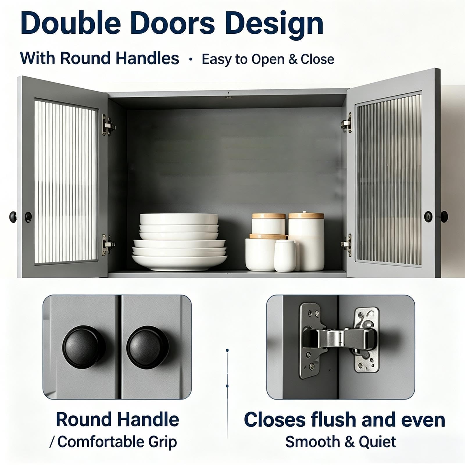 Meuble Haut de Cuisine, Double Ouverture, Portes en Verre Dépoli