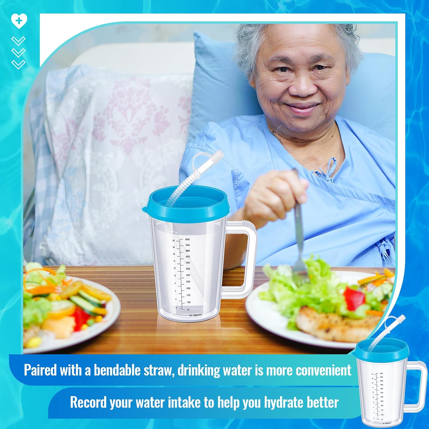 4 Pcs 20 oz Hospital Water Cup with Straw and Lid Insulated Double Walled Elderly Water Bottle Hospital Carafe Mug with Handle Graduated Plastic Drinking Sippy Cup for Adult(Blue)