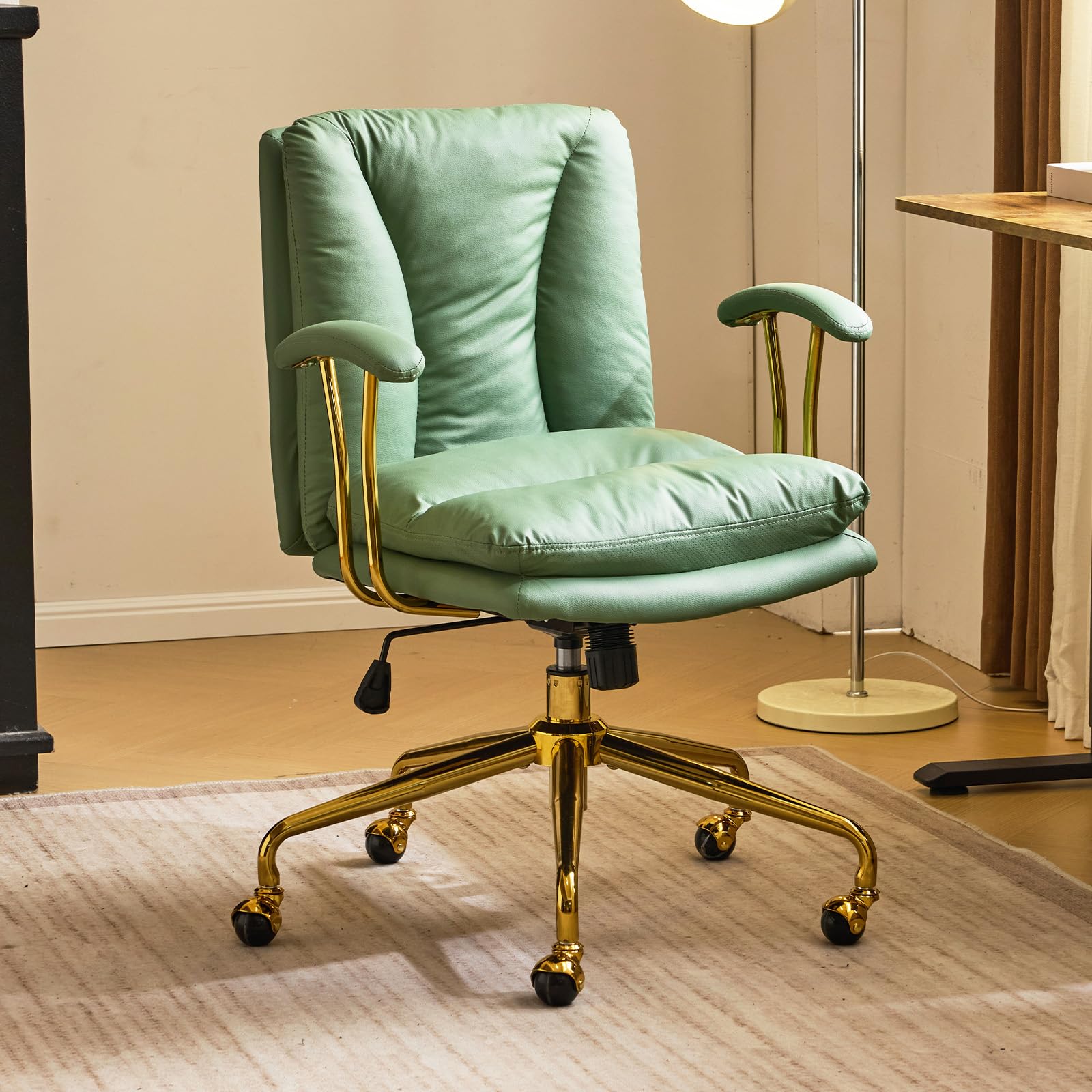 Bonnlo Bürostuhl Ergonomisch, Schreibtischstuhl mit Goldenen Armlehnen, Chefsessel, Drehstuhl mit Rollen, Höhenverstellbar & Kippfunktion, Homeoffice (Kratzfestes Leder, Grün)