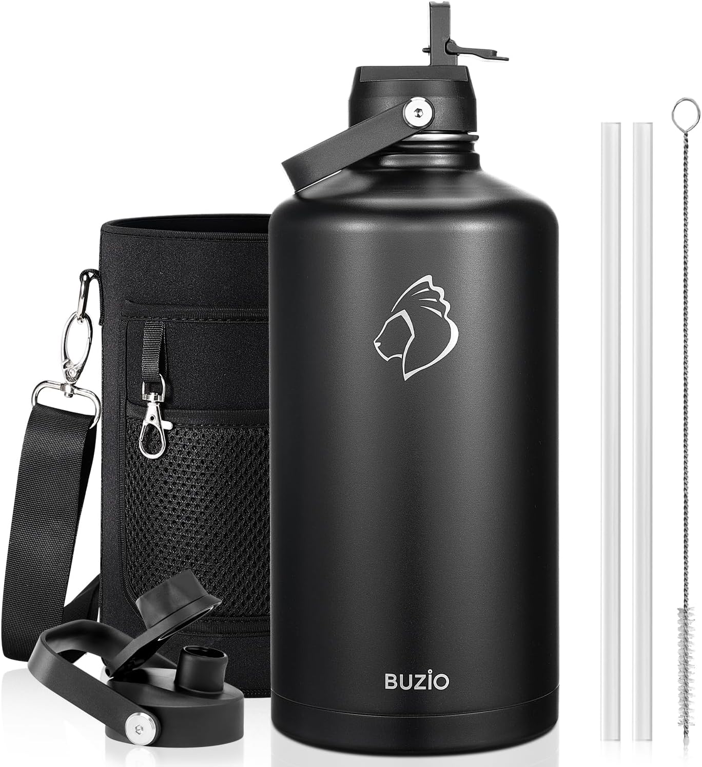 - BUZIO 1 Gallon Water Jug with Straw Handle Lid, 128oz Water Bottle Stainless Steel Double Wall Hydro Jug 18/8 Food Grade Thermo Mug Keep Cold 48H & Hot 24H, Black