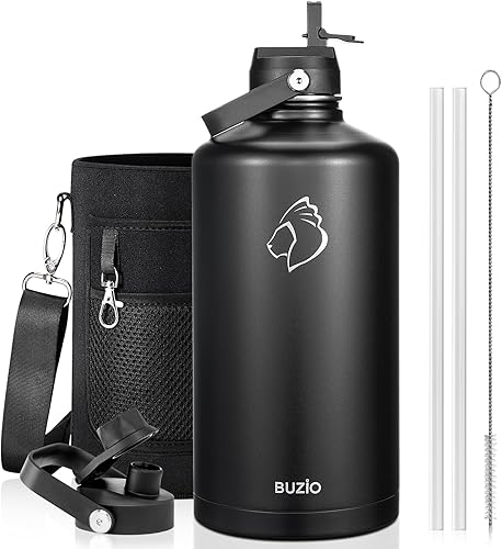 Miniatura 44 de BUZIO Botella de agua aislada de 24 oz, frasco de agua de boca ancha de acero inoxidable con tapa de pajita, frío durante 48 horas a prueba de