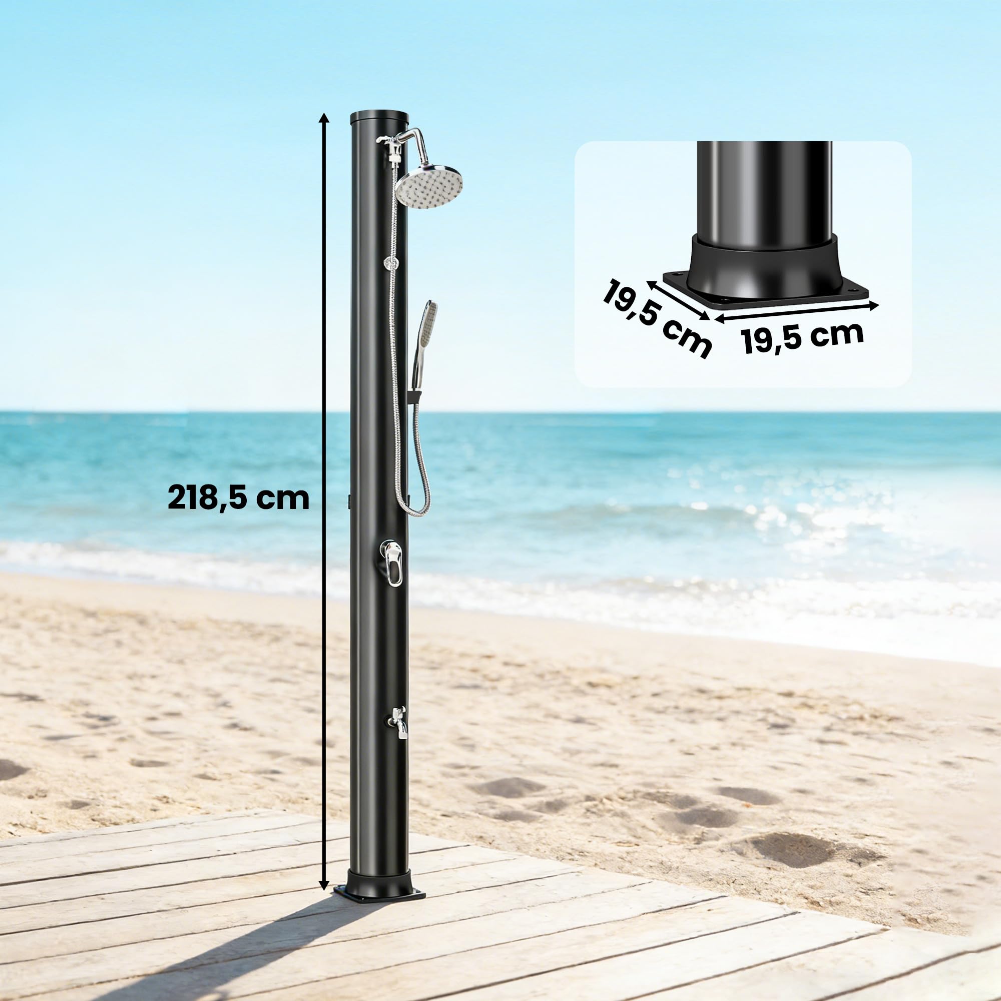 Outsunny Douche Solaire de Jardin 40L avec Douchette à Main et Robinet Lave-Pieds - Douche de Piscine avec Mitigeur Eau Chaude, 218cm de Haut, Pression 3,5 Bar, Matériau Anti-UV, Noir