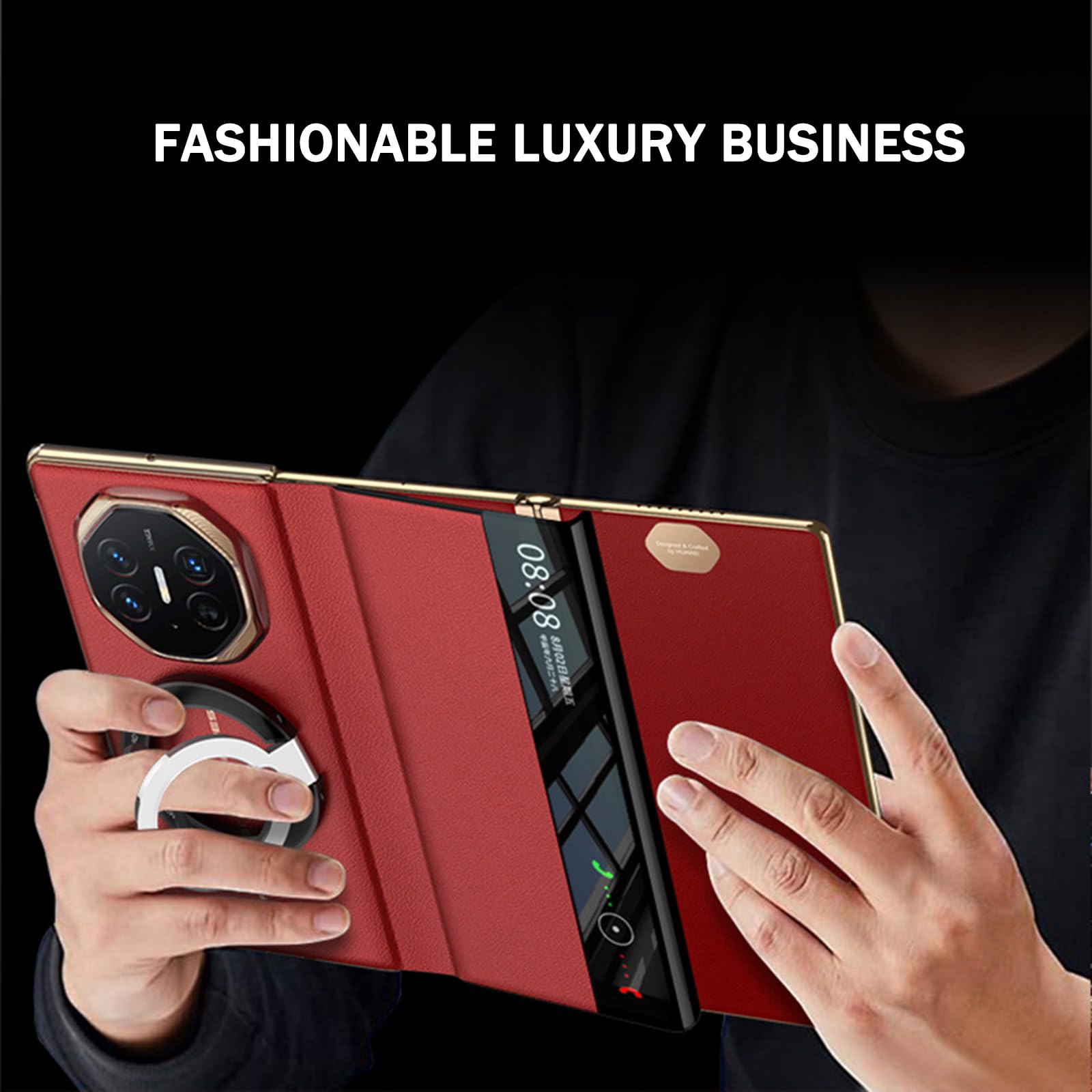 Etui na Huawei Mate XT, magnetyczny skórzany pokrowiec odpinany uchwyt pierścieniowy podpórka osłona ochronna funkcja widoku okna luksusowe etui biznesowe, czerwone, Mate XT
