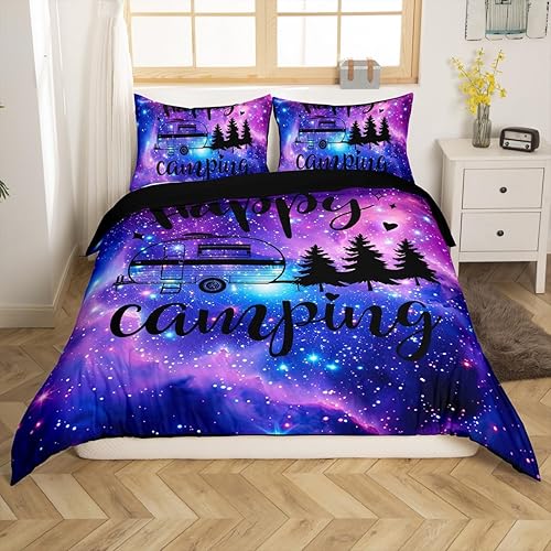 Miniatura 2 de Galaxy Camper - Juego de ropa de cama tamaño Queen, juego de funda de edredón con diseño de bocetos de camping feliz para niños, regalo de