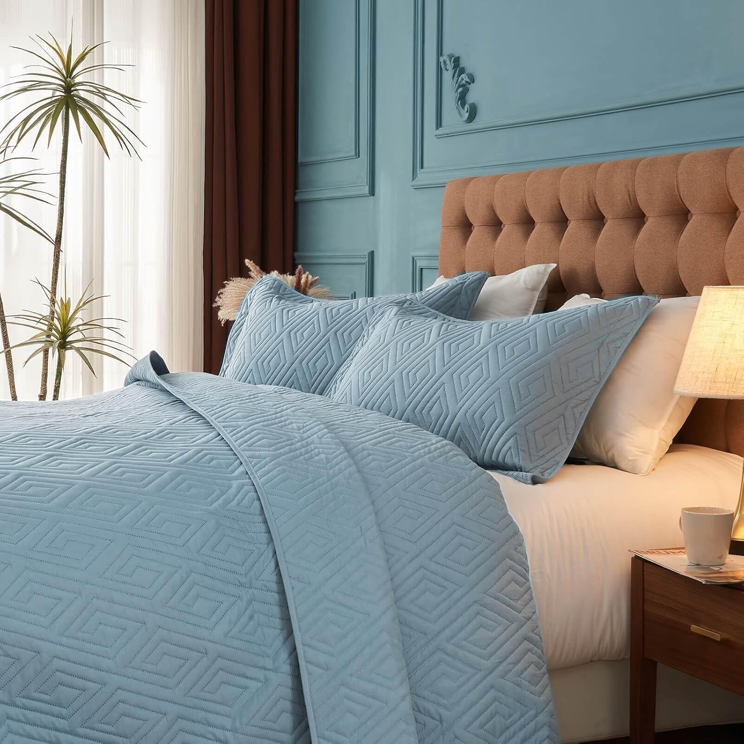 Oversized King Bedspreads 128x120 for Split Adjustable Bed or Extra Large/Tall Cal King or King Bed Lightweight Quilted Coverlet Sets 1 Quilt 2 Pillow Shams Blue - Image 5