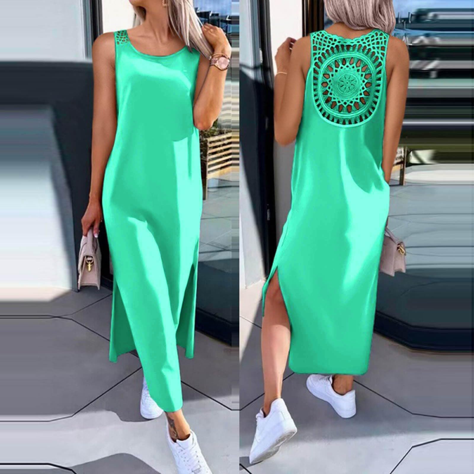 Vestido De Verano for Mujer Largo Vestidos Largos Sueltos Ocasionales Traje Playa 2026 Resort for Sin Mangas Ahueca hacia Fuera El Tiras con Abertura Lateral Encaje