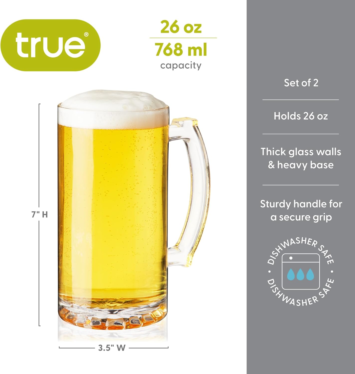 True Beer Glasses, Extra Large Beer Mugs with Handles, Thick Glass Steins for Lagers, Pilsners, Stouts, Root Beer, Birthday Gifts for Men, Game Night, Happy Hour, Home Bar, 26 oz, Set of 2 - Image 3