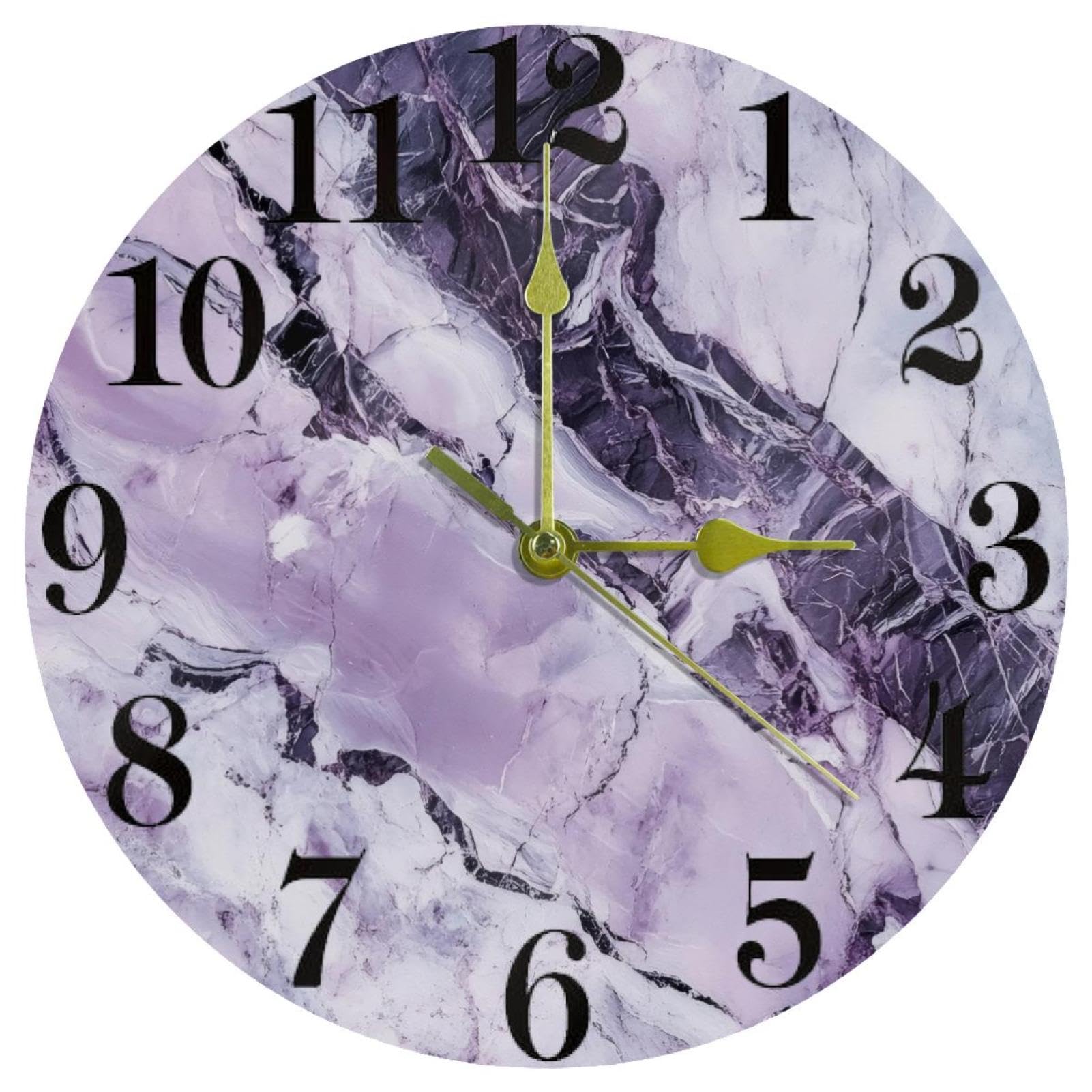 Horloge murale en marbre violet design chic et cadre rond raffiné