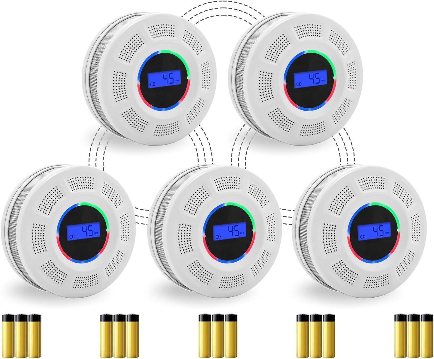 Wireless Interconnected Smoke Carbon Monoxide Detector Battery Powered, Interlinked Combination Smoke and Carbon Monoxide Detector Alarm with Digital Display, Silence Button (White-5)