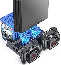 Base de resfriamento compatível com PS4/PS4 Pro/PS4 Slim, Controller Charging Dock Station com suporte vertical mais frio, carregador de controle duplo com indicadores de LED e 10 jogos de armazenamento