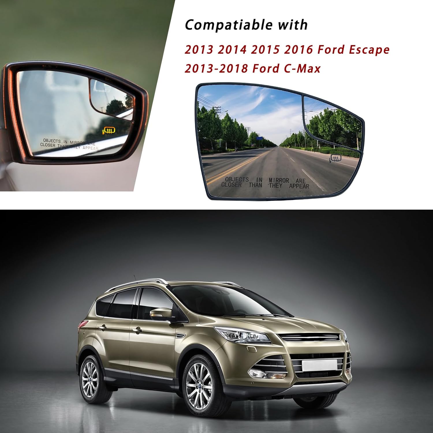Right Passenger Side Heated Mirror Glass Replacement For 2013 2014 2015 2016 Ford Escape 2013 2014 2015 2016 2017 2018 Ford C-Max - Power Heated, with Backing Plate