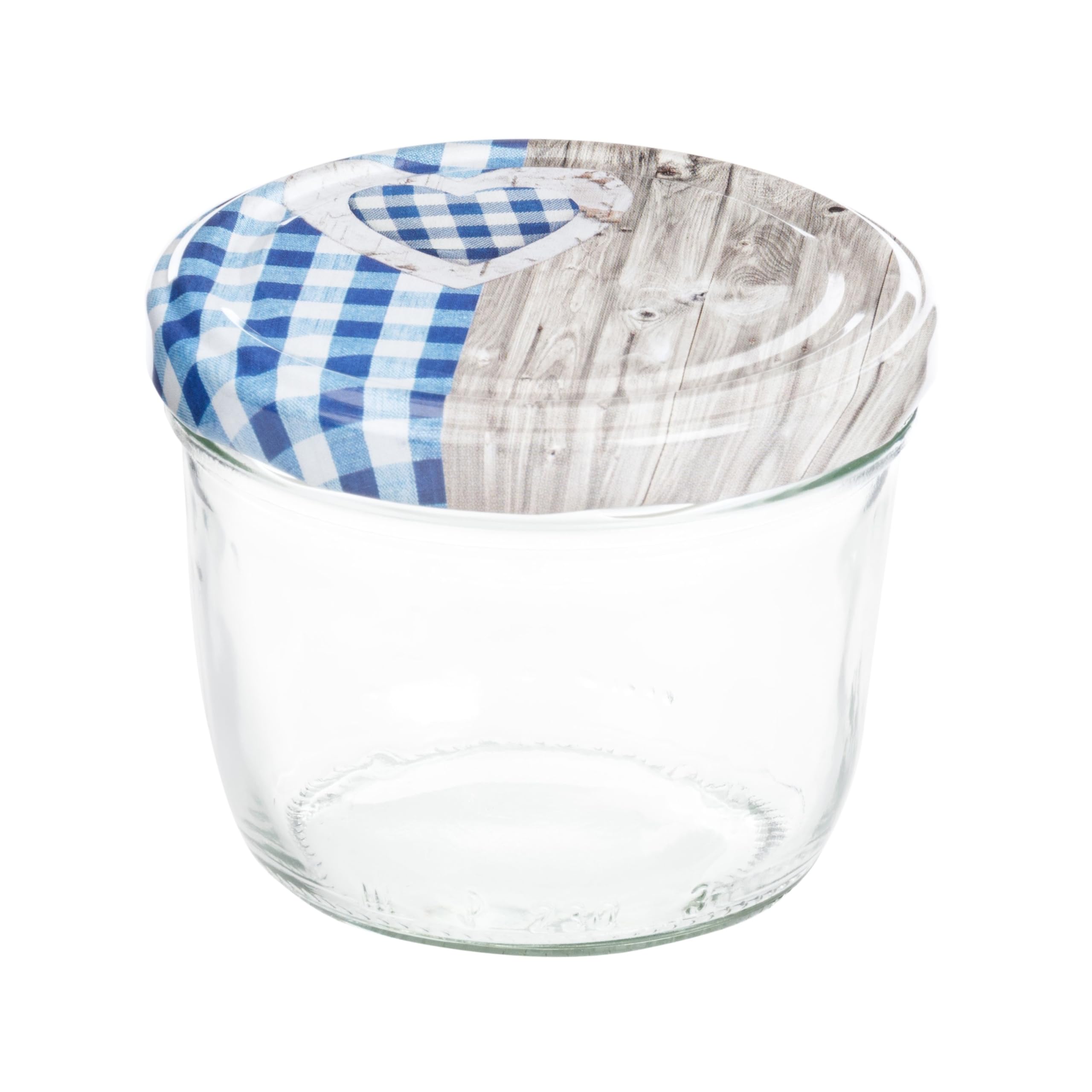 MamboCat 100er 230 ml Sturzglas-Set | Einmachgläser + Twist-Off-Deckel Holz-Herz blaukariert + GRATIS Rezeptheft | einkochen & konservieren | backofengeeignet
