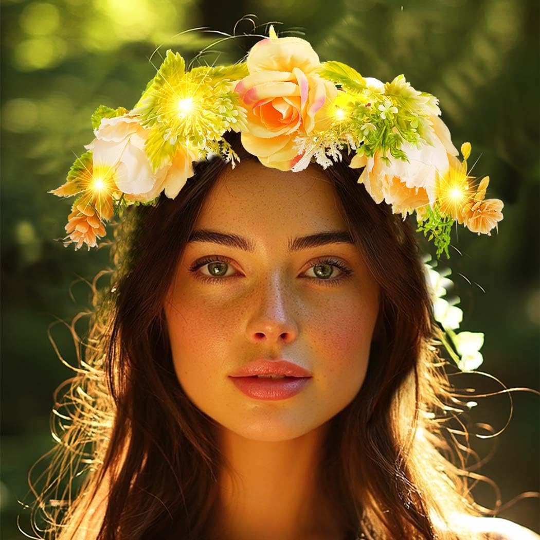 Atigy Light UP Flower Wreath Headband LED Garland Crown Festival Hair Accessories for Women (Champagne, One Size) - Image 2