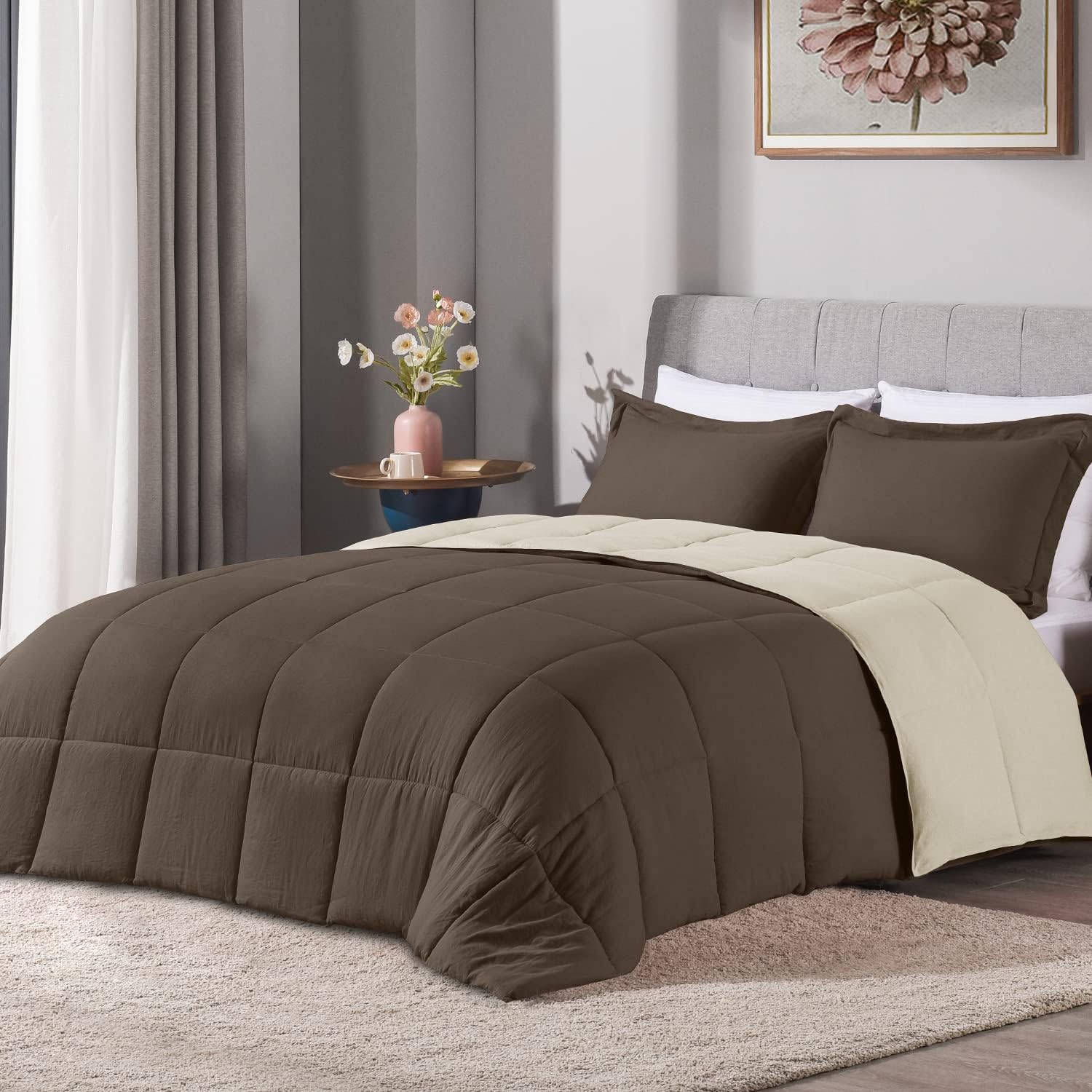 LOVTEX 3PCS Brown Queen Comforter Set Ultra Soft Washed