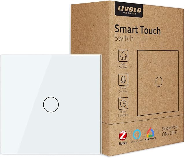 LIVOLO New APP Control Touch Switch,Smart Wall Switch(No Neutral),Zigbee Light Switch with Timing Function,Requires LIVOLO HUB,Compatible with Alexa,Google Assistan,1 Gang 1 WayWhiite,VL-B601Z-3WG
