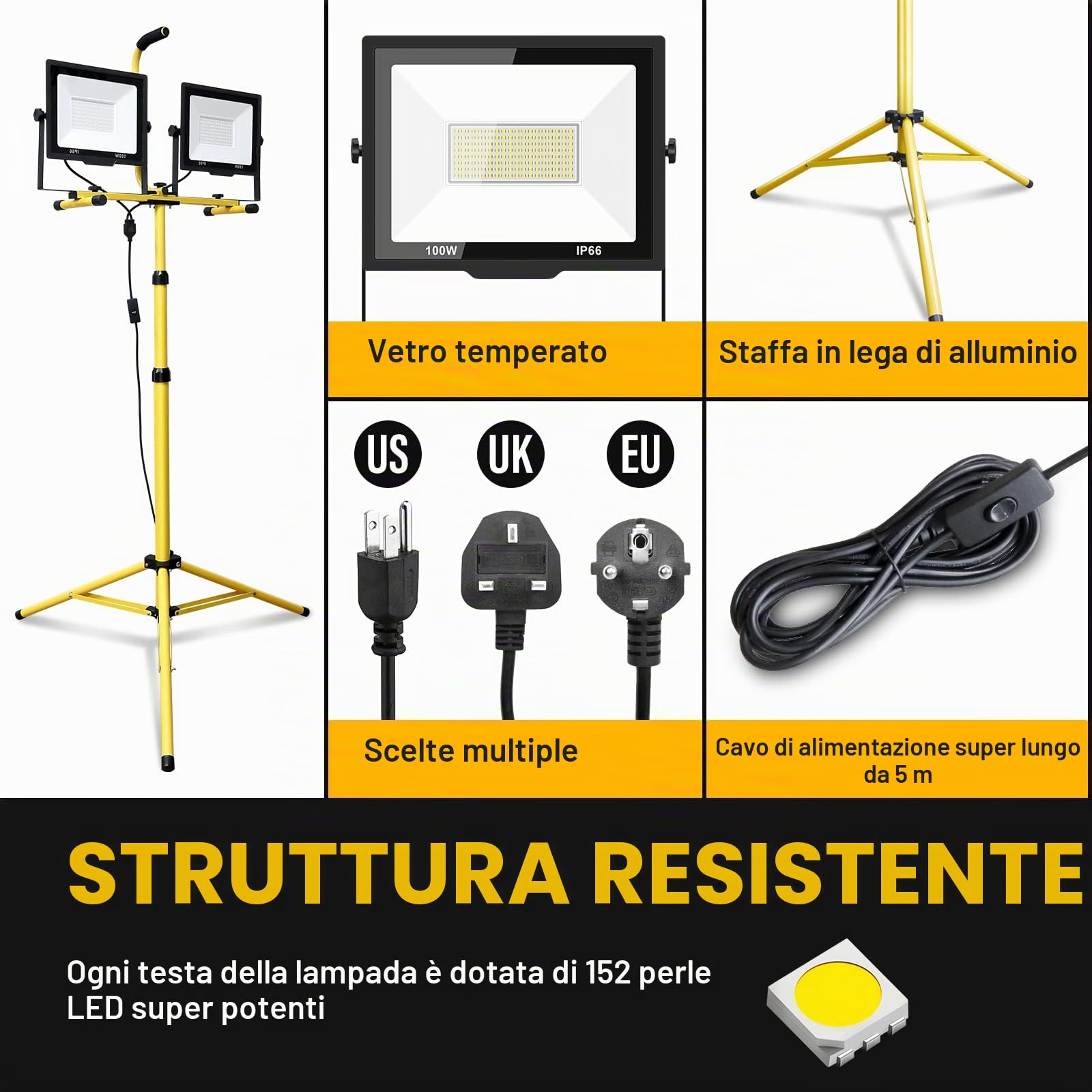 Willpower Doppio Faretto LED da Cantiere su Treppiede 200W 20000LM Proiettore LED con Cavo 3m Impermeabile IP65 Faro da Lavoro LED Luce Bianca 6000K per Esterni Interni Feste Barbeque Garage Giardino