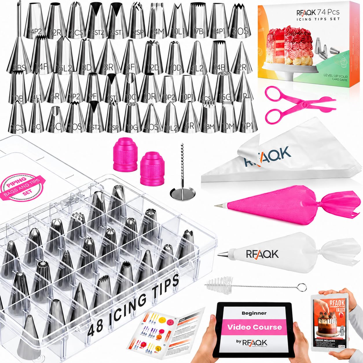 74-teiliges Spritzbeutel und Spritztüllen-Set für Anfänger, 20 Einweg-Spritzbeutel, 1 wiederverwendbarer Spritzbeutel und mehr